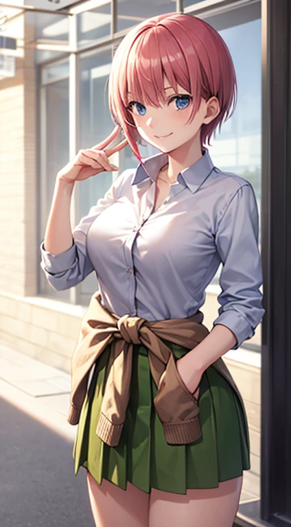 2d, masterpiece, best quality, anime, highly detailed, 1girl, solo, cowboy shot, nakano ichika, pink hair, short hair, cardigan around waist, collared shirt, green skirt, miniskirt, medium breasts, standing, school, outdoors, smile