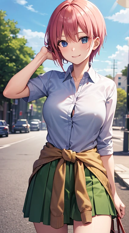 2d, masterpiece, best quality, anime, highly detailed, 1girl, solo, cowboy shot, nakano ichika, pink hair, short hair, cardigan around waist, collared shirt, green skirt, miniskirt, medium breasts, standing, school, outdoors, smile