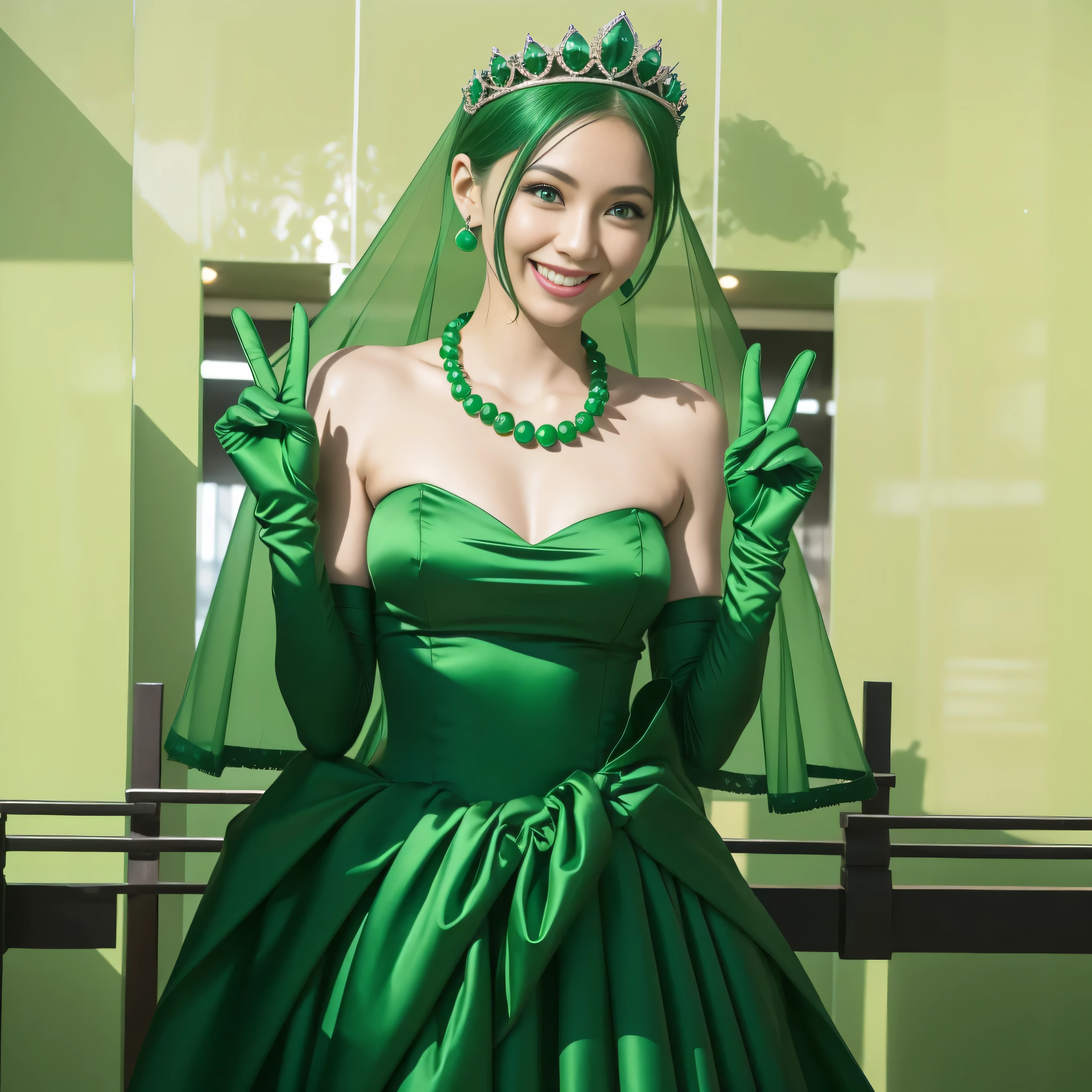 Emerald tiara, Green Pearl Necklace, Boyish very short green hair, lipstick, Smiling Japanese woman, Very short hair, Big tits beautiful, Green Eyes, Long green satin gloves, Green Eyes, v sign, emerald earrings, Green Veil