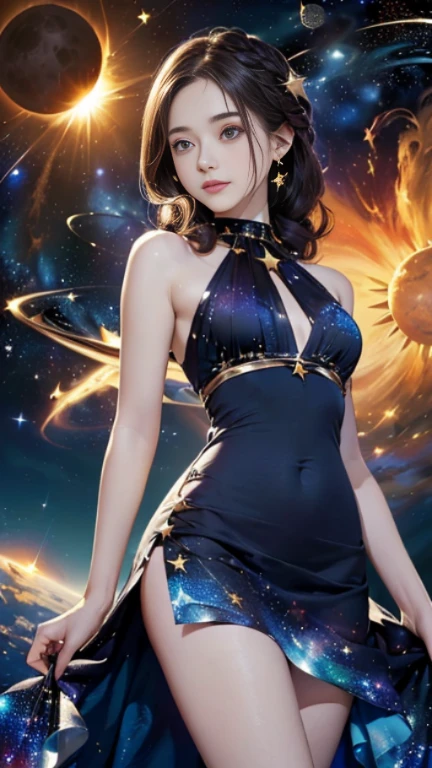 (((masterpiece))),((highest quality)),Beautiful girl,pale, (A character who personifies the universe: 1.5), (((hair is a star:1.5)))、(planet dress:1.5)))、(belly on)、(sun:1.5),(Private Server), (Exposing Skin),(The background is the night sky 1.5).(((from the front:1.5)))ght front: 1.5)、(((courtesyー:1.5)))、