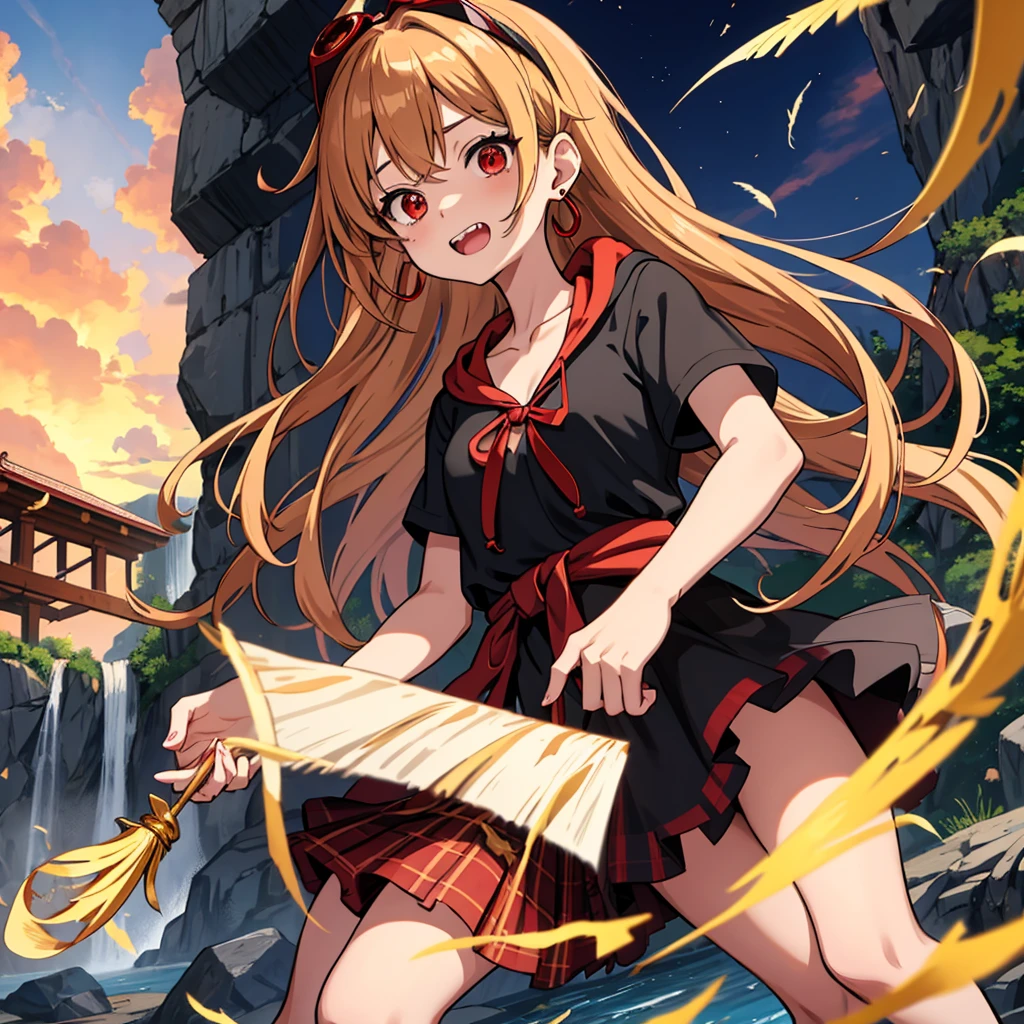 Brown, red, gold, golden hair、Red eyes、One good looking girl、solo、anime、Checkered mini skirt、Black camisole、Black T-shirt、hoodie、Wearing a ribbon、Ribbon on waist、Crystal Earrings、treasure石のネックレス、Light and shadow、Tilting face、Teeth are visible、Marble pillar、waterfall、Kind Face、Kuroko、treasure、wearing goggles on head、Feather coat