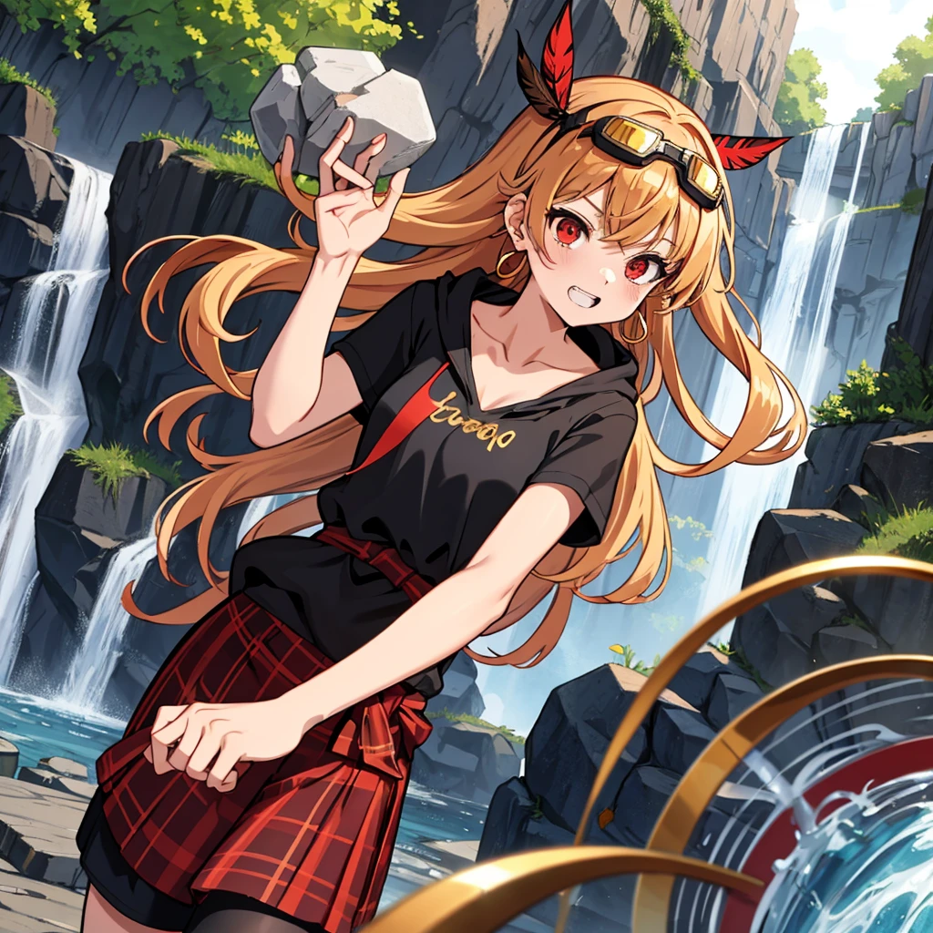 Brown, red, gold, golden hair、Red eyes、One good looking girl、solo、anime、Checkered mini skirt、Black camisole、Black T-shirt、hoodie、Wearing a ribbon、Ribbon on waist、Crystal Earrings、treasure石のネックレス、Light and shadow、Tilting face、Teeth are visible、Marble pillar、waterfall、Kind Face、Kuroko、treasure、wearing goggles on head、Feather coat