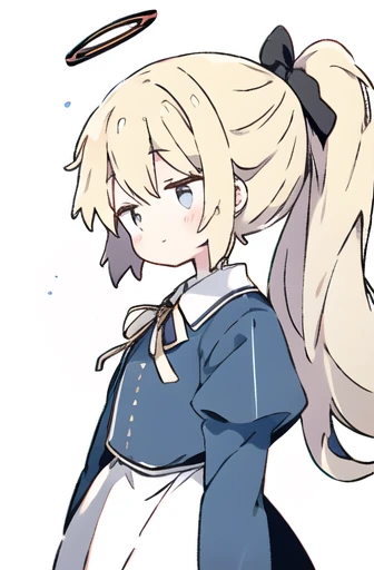 Expressionless face，Anime Style，profile，White background，Blonde，ponytail，ribbon, One girl,uniform，halo, hair bow, empty eyes, smile