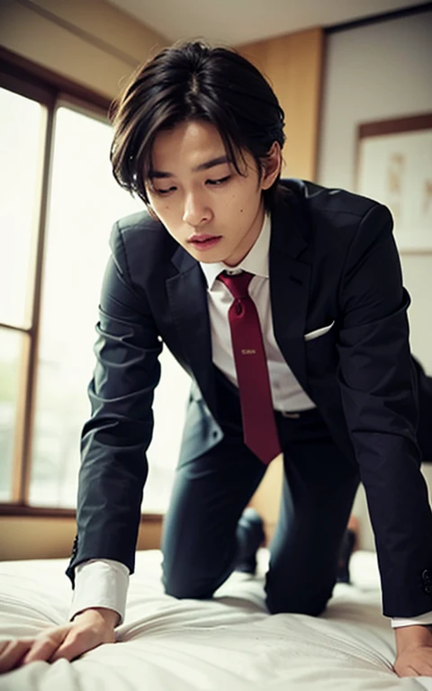 Dark grey suit, no tie, no chief, one person, 18-year-old, Japan handsome, Soft lighting, Short Hair, masterpiece, highest quality, 8k, Digital single-lens reflex camera, Film Grain, Half Body, Short undercut hairstyles for black hair, half closed eyes:1.3, thin, slim, Handsome face, Baby Face, Rough skin, tie, whole body, Groin bulge, seductively posing on all fours on a bed, looking up flirtatiously