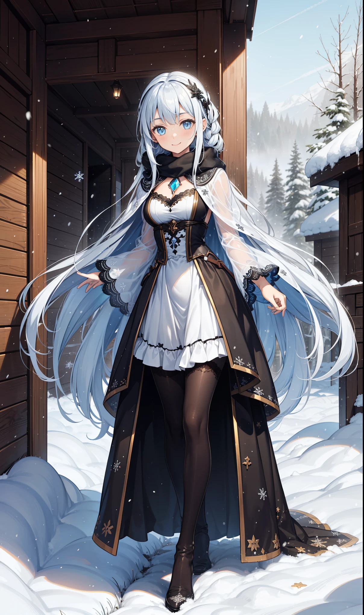 girl，Smile,in love，Moderate，(Black and white hollow dress long dress winter skirt)，Translucent clothing，holy，Colorful transparent skirt，beautiful pattern，sky blue pattern，snowy night，Transparent lace，Dress nicely，The only person，Special hairstyle，Mythical courtyard，(night:1.1)，blizzard，(Snowflakes flying)，(Black long sling boots:1.1)，Pantyhose，Delicate and beautiful face，Sitting，Playing in the snow，Delicate and beautiful eyes, Frosty white hair，Warm down，a scarf around the neck