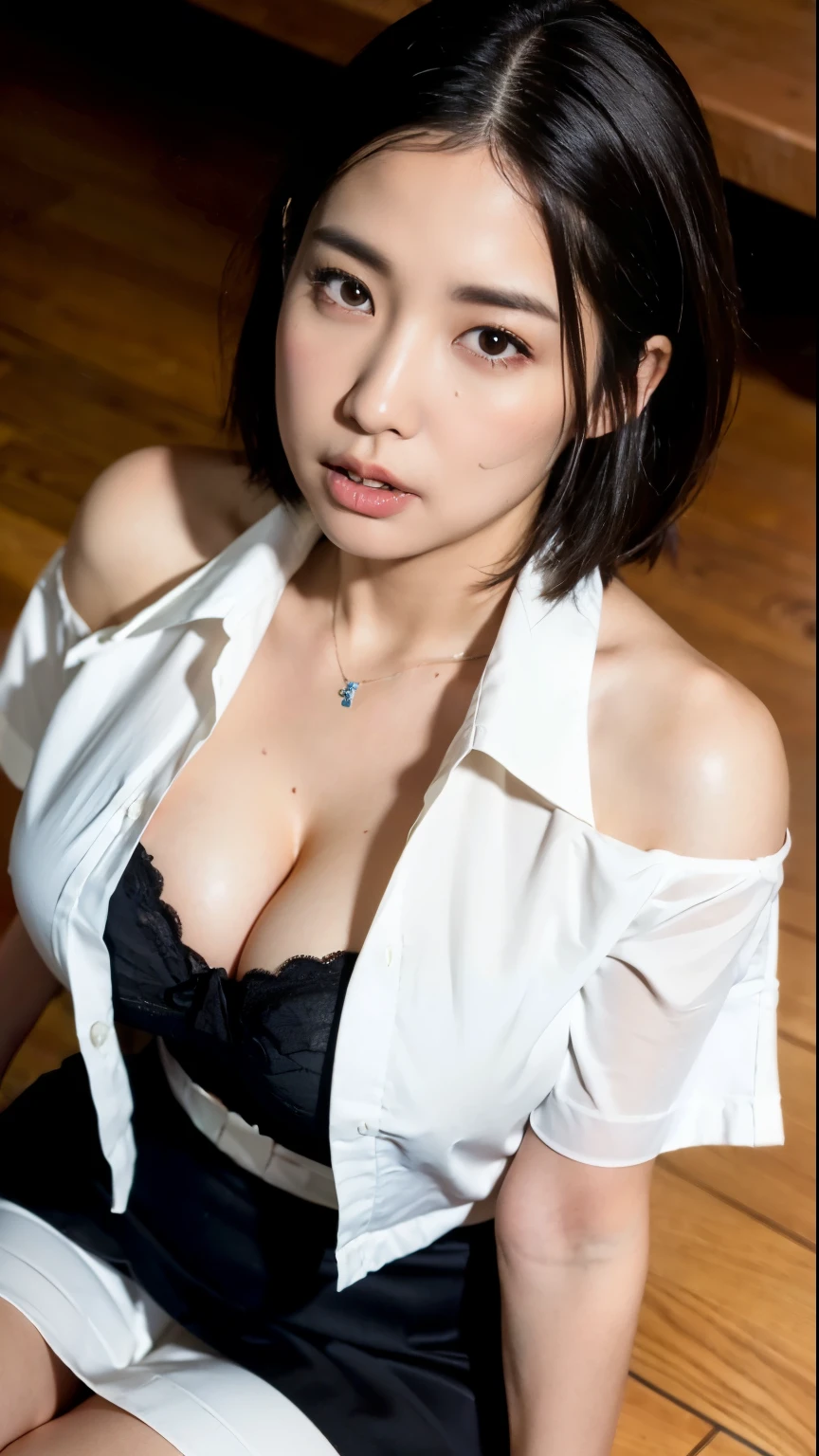 (highest quality, 8k, 32k, masterpiece, Ultra-high resolution:1.2),beautiful japanese women pictures, 22 years ago,Cleavage、Medium meat、Sexy thighs、,(black,short hair:1.2),teacher,classroom,(Open white shirt:1.3),(black suit skirt:1.1),Off the shoulder,High heels,(From above:1.1),Looking at the audience,Sitting floor,Wooden floor,(big face and big chest:1.4),(Drooling:1.5),blush,(close:1.2),Detailed face,evening