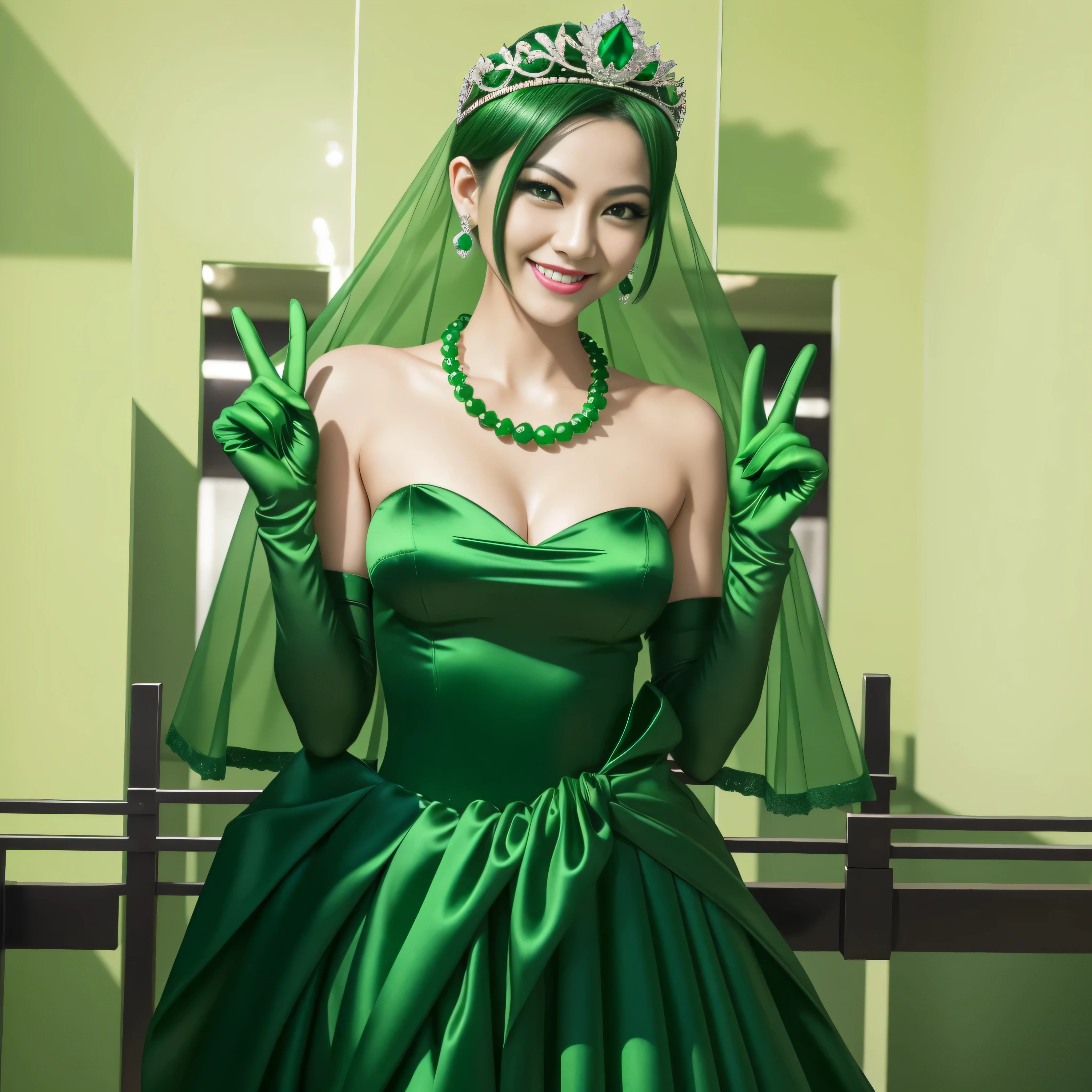 Emerald tiara, Green Pearl Necklace, Boyish very short green hair, lipstick, Smiling Japanese woman, Very short hair, Big tits beautiful, Green Eyes, Long green satin gloves, Green Eyes, v sign, emerald earrings, Green Veil