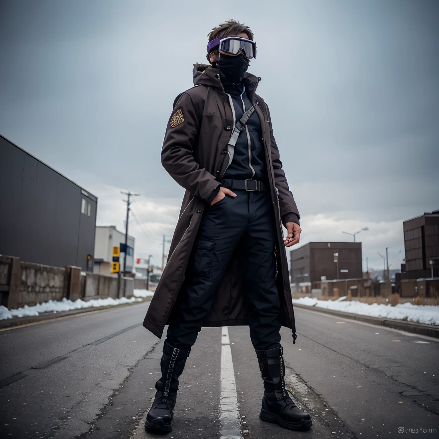 Character design, my hero academia art style, overcoat, body armor, cargo pants, big boots, balaclava, purple goggles