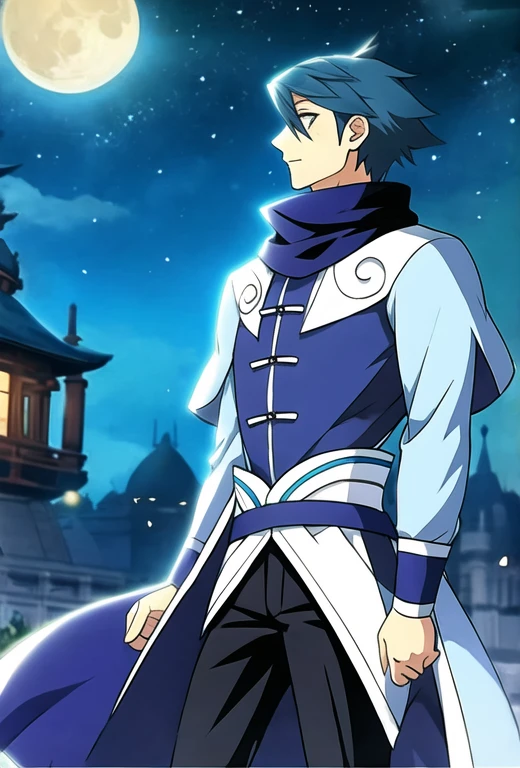 (masterpiece, best quality:1.2), a mature man, solo，individual，Night Sky，Big Moon，in the castle，Dark blue scarf，Black trousers，Blue by Capelet，Chinese clothing，Complex background，Detailed background，