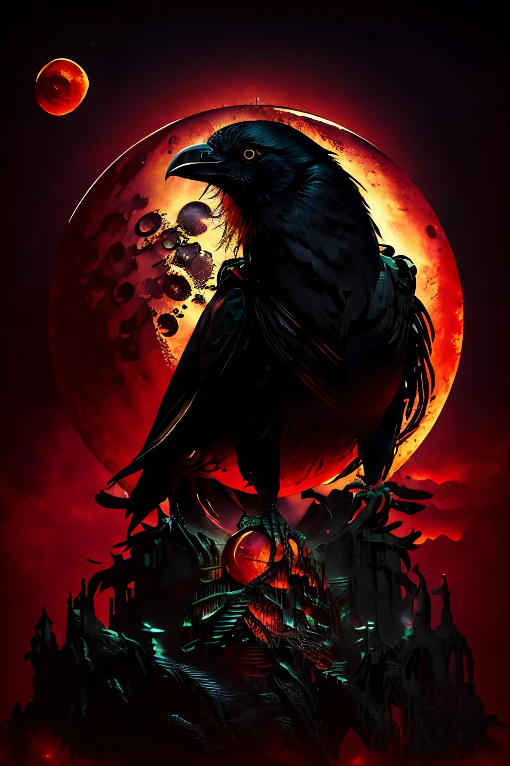Ultra-detailed, high-quality text description:

(1970s Retro, Black Fantasy, Paper Art, Dungeon & Dragons Style: 1.5), (Crow: 1.4), Sitting majestically on a rocky shelf,
(Realistic, Photo-realistic: 1.3), ( Detailed Structure: 1.4), Atop an intricately designed edifice,
(Red Moon Background: 1.6), (Dark Sky: 1.4), A blood-red orb illuminates the scene,
Personnel:
(Crow: 1.2), (Fierce gaze:
