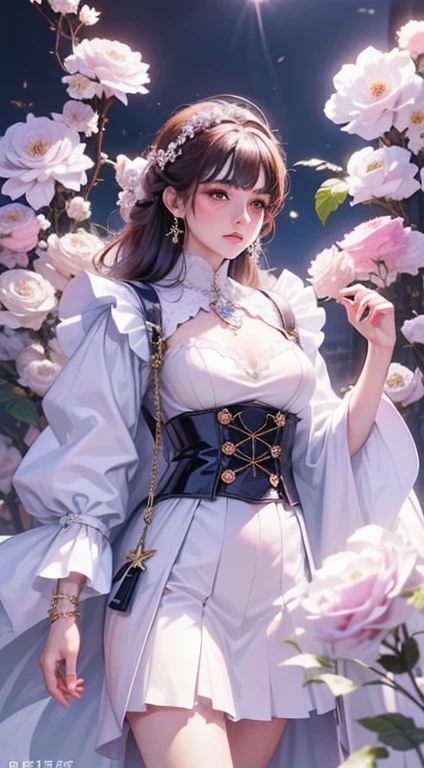 masterpiece，Highest Resolution，((Moon))，Dynamic bust of a beautiful aristocratic maiden，Her brown hair is elegantly curled，Purple transparent eyes，Her hair is covered with beautiful and delicate floral detailing., crystal jewelry filigree，Extremely detailed，Upscaling，The Earth Rises。