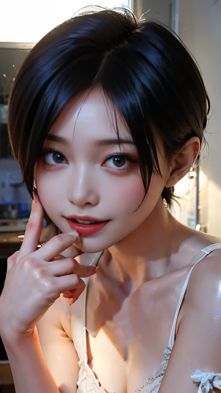 (masterpiece, highest quality, highest quality, Official Art, beautifully、aesthetic:1.2), Cinema Lighting、(Key light at 45 degrees from the front,Orange Fill Light、Soft Blue Backlight、Strong Shadows、Blue and orange color palette), Accurate human body、Someone knowledgeable、Correct five-finger、4K - ultra-vivid、highest quality, masterpiece, Ultra-high resolution, Detailed Background、The perfect background、(Little devil smile、Mesgaquismiles:1.5),
((Oily skin,Glowing Skin、Realistic skin texture、Beautiful skin in every detail、Shiny skin、Slimy skin、Glowing Skin、Shiny skin)), White skin, Real human skin, (Familiar), Oval Face, pore, Ultra-high resolution, (8k, RAW Photos, Realistic: 1.4), One Girl, slim, (kind, Goddess-like eyes) happiness: 1.2), (Lip gloss, eyelash, Gloss Face, highest quality, Ultra-high resolution, Wide Lighting, Natural Shading)、(sexy), Absolute area、long beautiful thin legs、Short length、(恍惚のsexyな笑顔の表情:1.5,) 、Alluring、Provocative Pose、Seductive pose