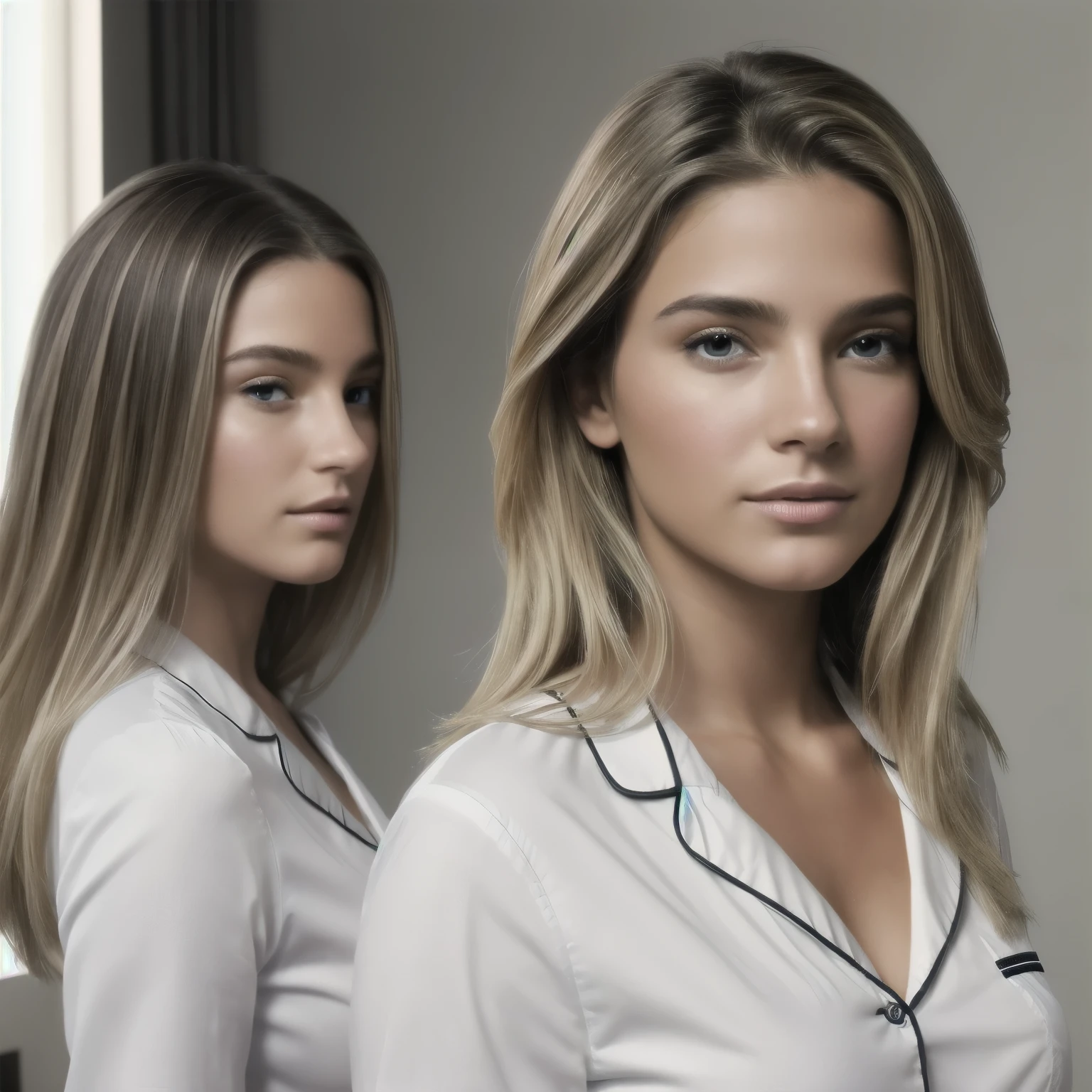 Photo brute, a 20 year old Brazilian, balayage blond, cheveux longs, poitrine de taille grosse, corps en forme de sablier, porter un pyjama, (soft backlight), Realistic, chef-d&#39;artwork, la plus haute qualité, Reflet, [[Aberration chromatique]],meilleure ombre, photorealism, hyperréalisme, de face, profil pics for faceswap, Face uncovered, 