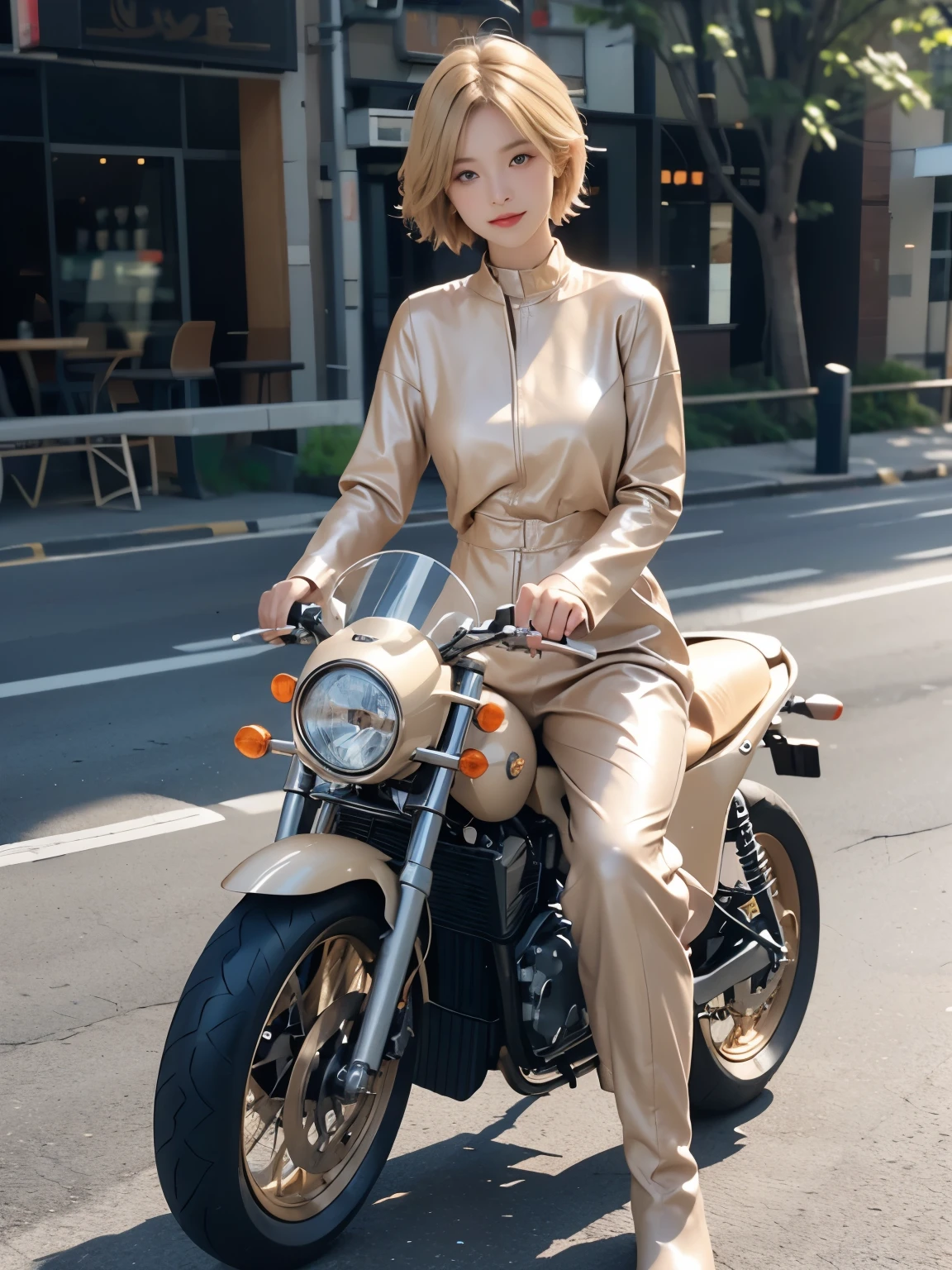 (masterpiece:1.3), (8k, Realistic, RAW Photos, highest quality:1.4), (Realistic face), (Blonde, short hair:1.3), Beautiful hairstyle, Realistic eyes, Beautiful little blue eyes, (Realistic skin), (Beautiful Skin), (((Riding a motorcycle outdoors))), charm, Ultra-high resolution, Golden Ratio, Long limbs、((Scandinavian beautiful girl))、((smile)), ((full body shot)), ((((Beige leather jumpsuit and long boots))))