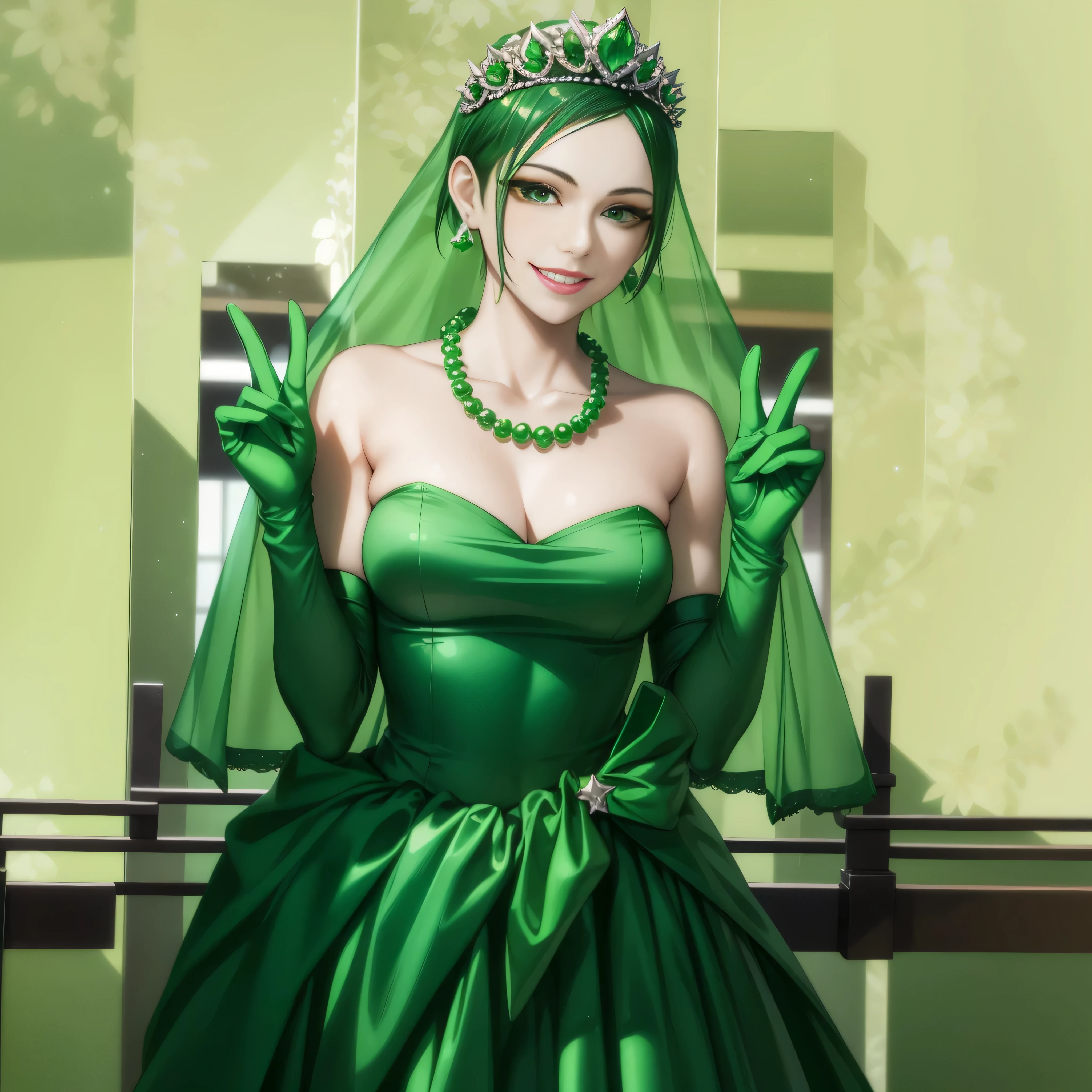Emerald tiara, Green Pearl Necklace, Boyish very short green hair, lipstick, Smiling Japanese woman, Very short hair, Big tits beautiful, Green Eyes, Long green satin gloves, Green Eyes, v sign, emerald earrings, Green Veil