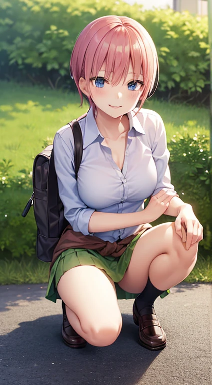 2d, masterpiece, best quality, anime, highly detailed, 1girl, solo, cowboy shot, nakano ichika, pink hair, short hair, cardigan around waist, squatting:1.3, collared shirt, green skirt, miniskirt, medium breasts, school, outdoors, smile