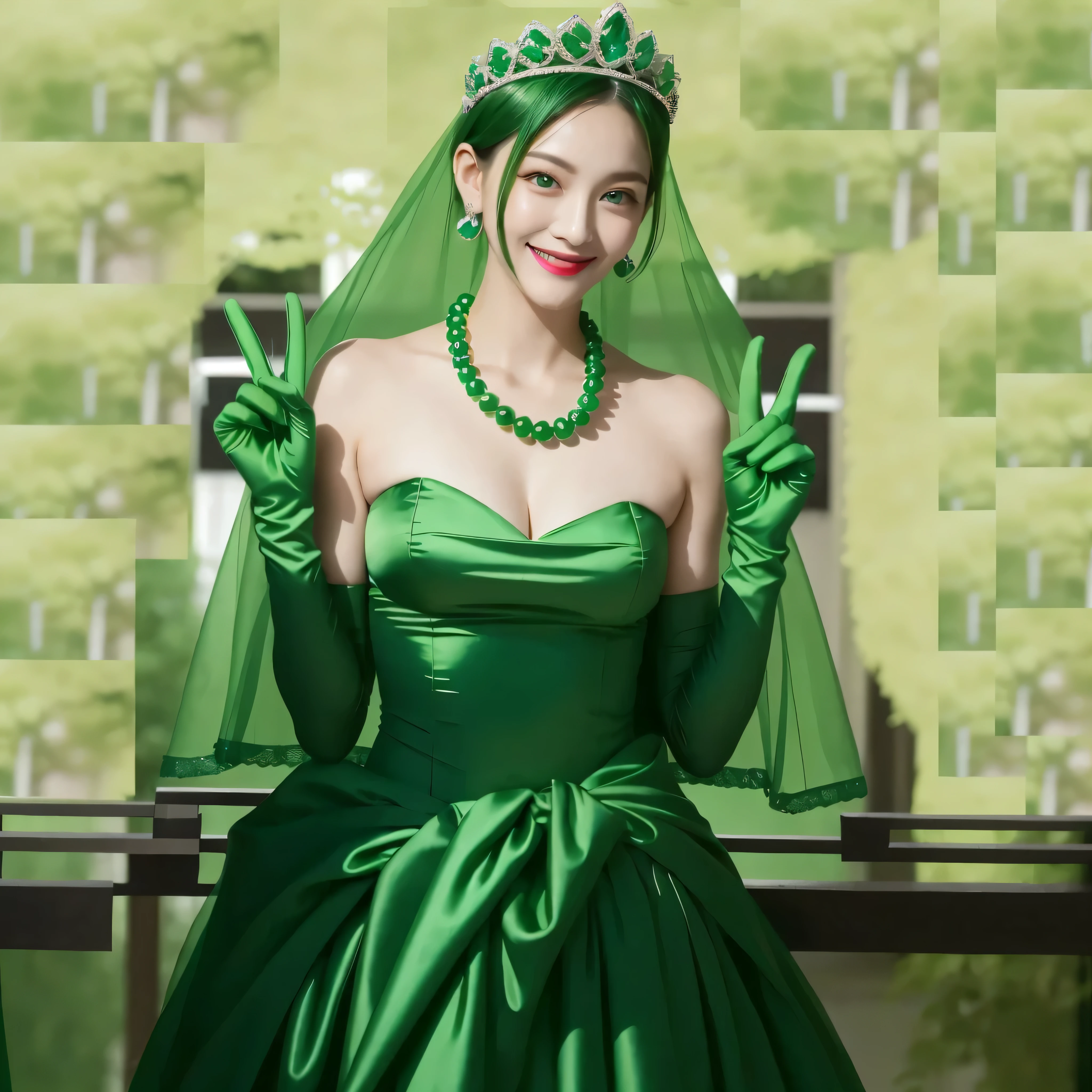 Emerald tiara, Green Pearl Necklace, Boyish Very Short Green Hair, Green Lips, Smiling Japanese woman, Very short hair, Busty beautiful lady, Green Eyes, Green satin gloves, Green Eyes, emerald earrings, Green veil, Heart with both hands, Green Hair, Beautiful Japanese Women, Heart shaped hands:1.3, green lip gloss