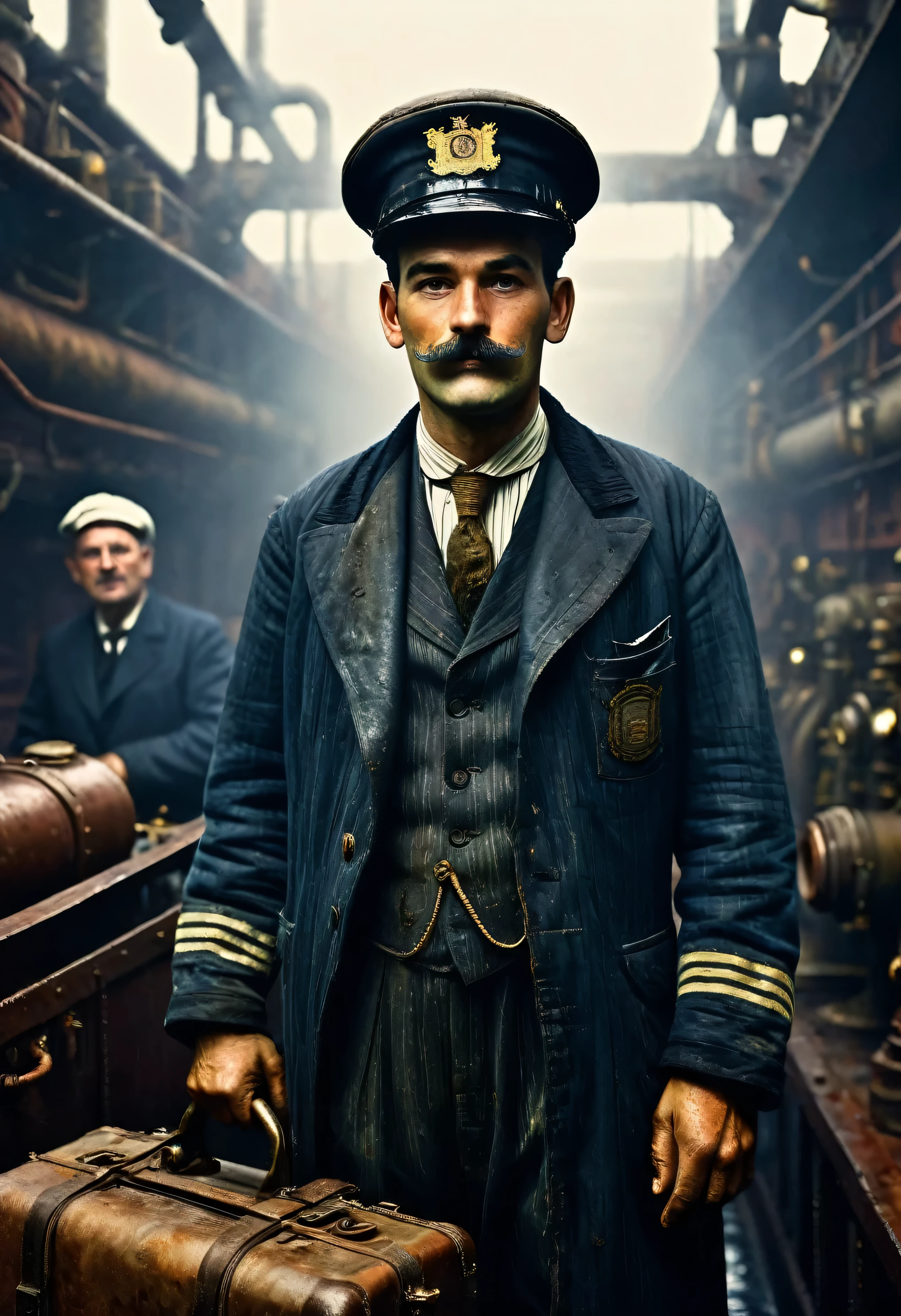 (((Portrait of early 20th century English engine room worker on an ocean liner))), grease, and soot-stained rugged face, photorealistic details, ((complex engine room machinery background)), pistons, and pipes, harsh lighting, ((a blue-collar laborer in overalls)), realismCinematic render of gritty maritime engine room interior, dark tones with dramatic light and shadow, front view of grizzled ship's stoker in filthy oil-stained clothing, face creased with strain and grime from back-breaking labor, photorealism, 1910s industrial setting solemn gloomy atmosphere, intricate period clothing and architectural details, cinematic compositionPhotorealistic render, RMS Titanic moored at Southampton docks before maiden voyage, 1912, upper crust ladies in ornate hats and fur stoles with gentlemen in evening tailcoats and top hats, atmospheric fog and dim lighting from dockside lamps, people carrying luggage, excited yet somber mood, incredible detail