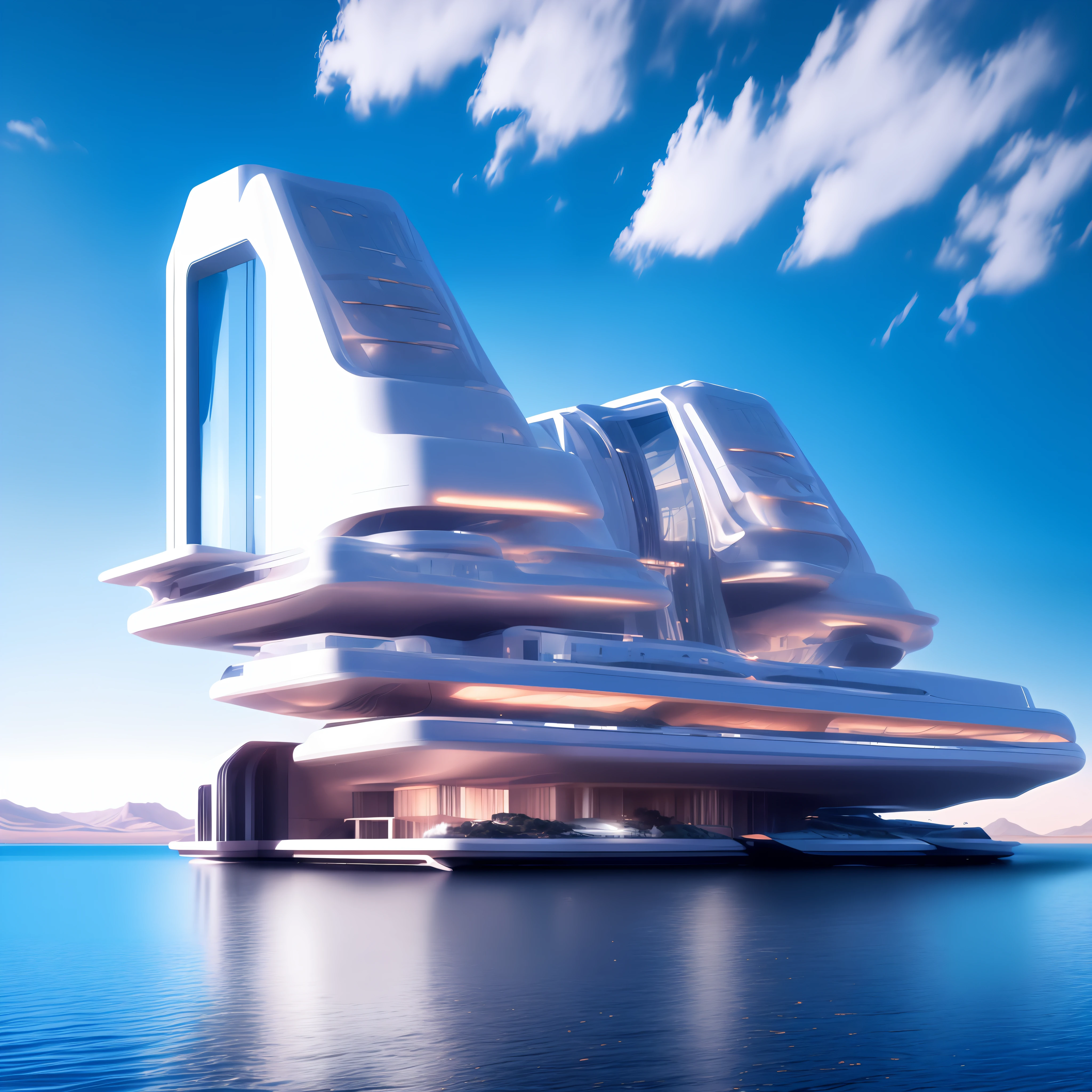photo, a futuristic building in the middle of a body of water (ModernFutures style:1), las vegas
