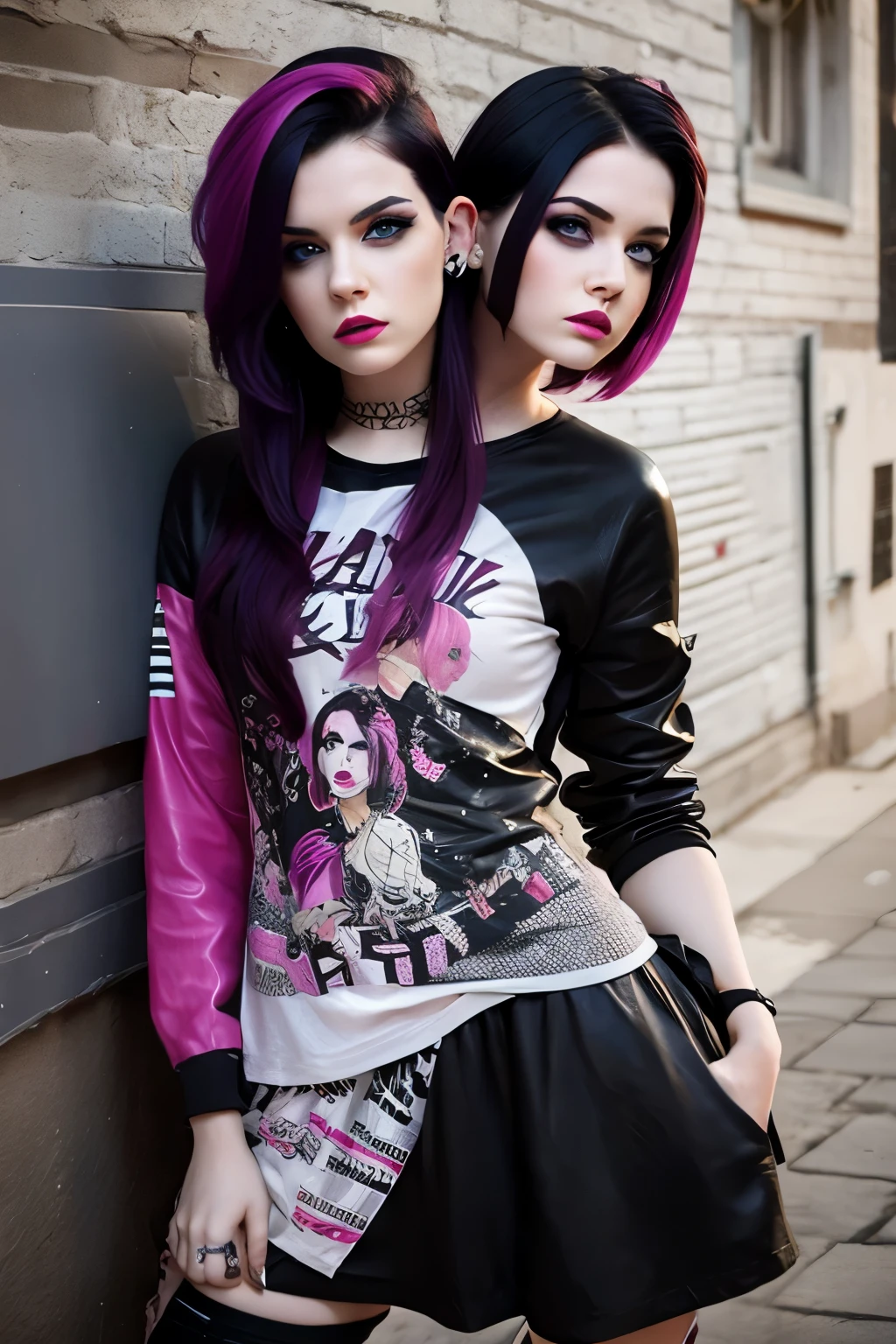 2heads, two headed woman, age 24, pale skin, short black hair with magenta streaks in front, punk rock fashion,