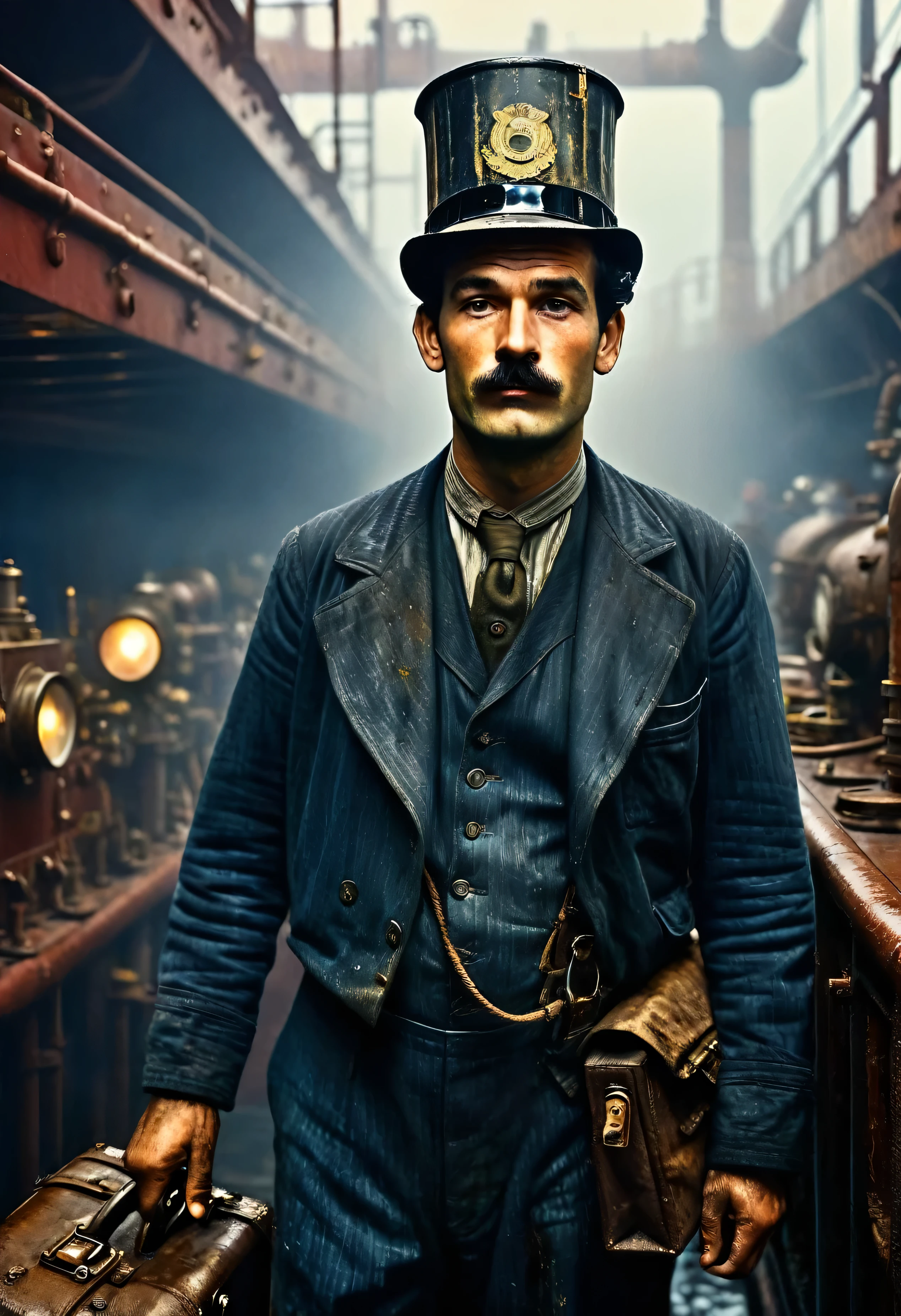 (((Portrait of early 20th century English engine room worker on an ocean liner))), grease, and soot-stained rugged face, photorealistic details, ((complex engine room machinery background)), pistons, and pipes, harsh lighting, ((a blue-collar laborer in overalls)), realismCinematic render of gritty maritime engine room interior, dark tones with dramatic light and shadow, front view of grizzled ship's stoker in filthy oil-stained clothing, face creased with strain and grime from back-breaking labor, photorealism, 1910s industrial setting solemn gloomy atmosphere, intricate period clothing and architectural details, cinematic compositionPhotorealistic render, RMS Titanic moored at Southampton docks before maiden voyage, 1912, upper crust ladies in ornate hats and fur stoles with gentlemen in evening tailcoats and top hats, atmospheric fog and dim lighting from dockside lamps, people carrying luggage, excited yet somber mood, incredible detail