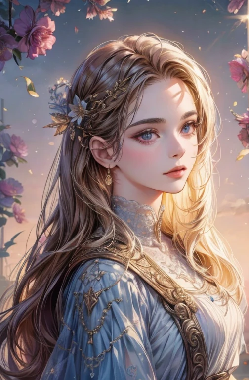 (highest quality,4K,8k,High resolution,masterpiece:1.2), Very detailed, (Realistic,photoRealistic,photo-Realistic:1.37), long hair woman, Portraiture, Fair-skinned, Symmetrical eyes, Complex eyes, Glowing purple eyes, gold intricate hair accessories, mosaic floral background, Spotlight, High Contrast, A shadow that attracts attention, Detailed Shadows, perfect craftsmanship, masterpiece, highest quality, Highest quality image