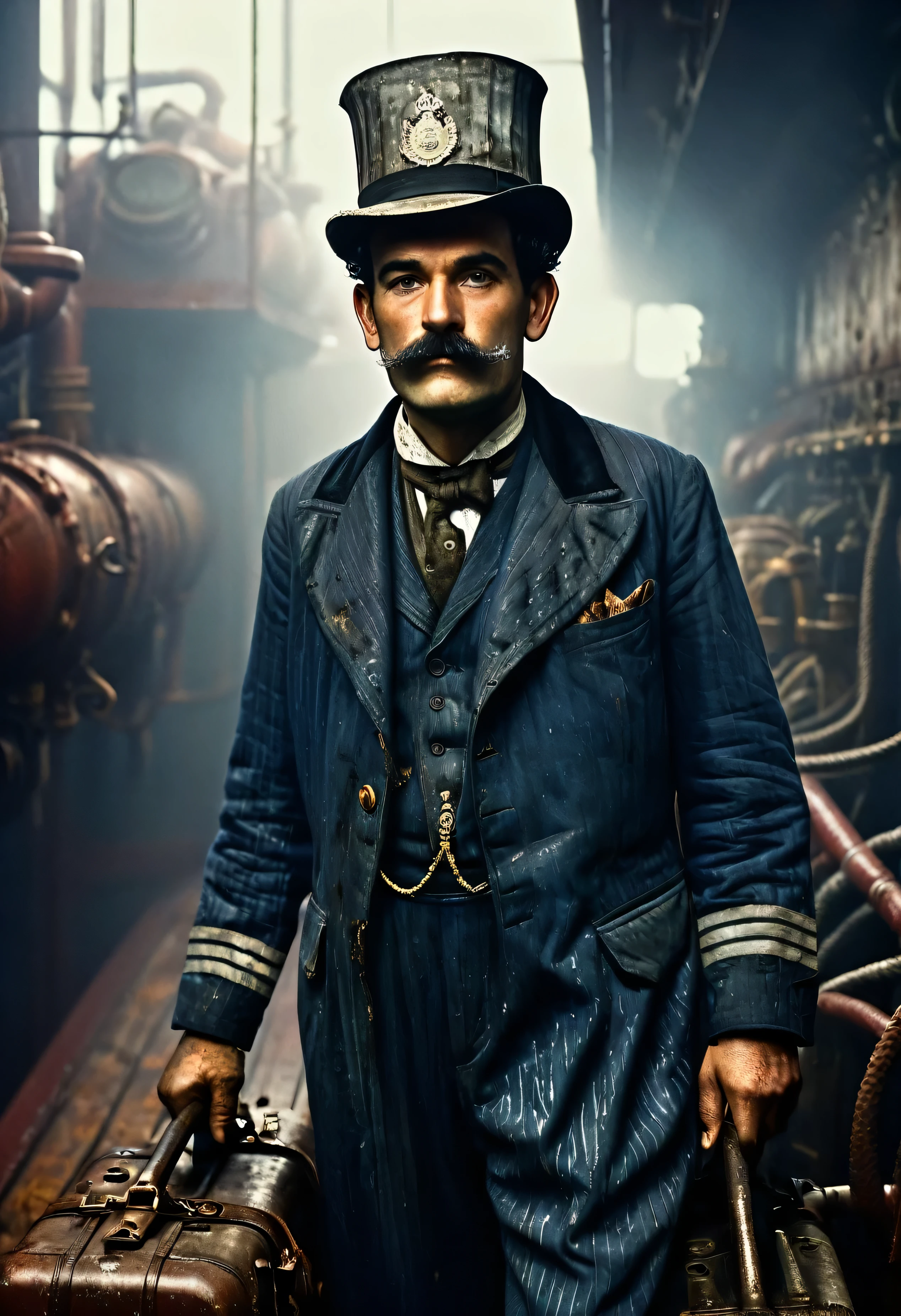 (((Portrait of early 20th century English engine room worker on an ocean liner))), grease, and soot-stained rugged face, photorealistic details, ((complex engine room machinery background)), pistons, and pipes, harsh lighting, ((a blue-collar laborer in overalls)), realismCinematic render of gritty maritime engine room interior, dark tones with dramatic light and shadow, front view of grizzled ship's stoker in filthy oil-stained clothing, face creased with strain and grime from back-breaking labor, photorealism, 1910s industrial setting solemn gloomy atmosphere, intricate period clothing and architectural details, cinematic compositionPhotorealistic render, RMS Titanic moored at Southampton docks before maiden voyage, 1912, upper crust ladies in ornate hats and fur stoles with gentlemen in evening tailcoats and top hats, atmospheric fog and dim lighting from dockside lamps, people carrying luggage, excited yet somber mood, incredible detail