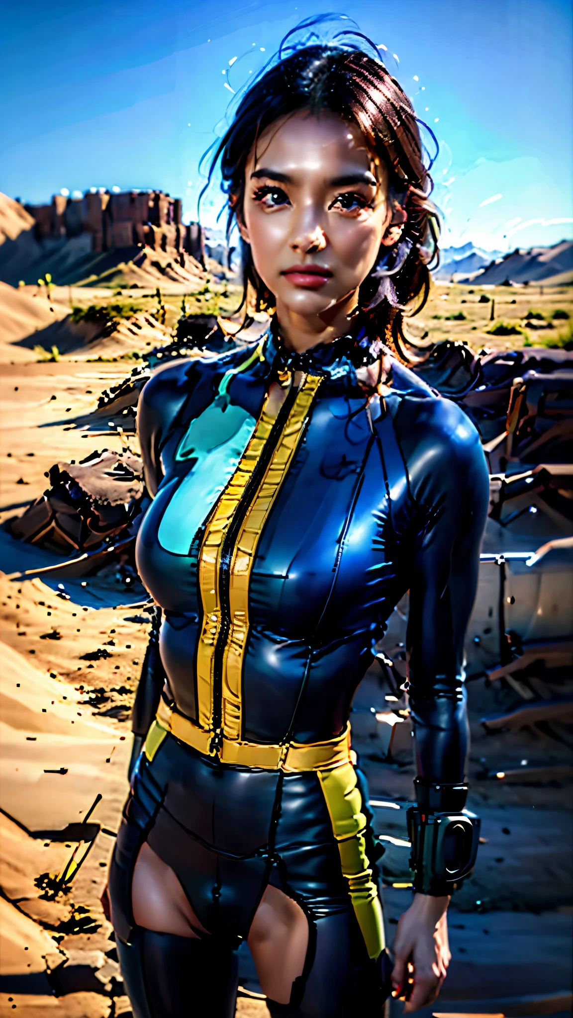 In this 8k CG masterpiece, a stunningly beautiful Asian girl stands proudly amidst the arid wasteland, her perfect face and body radiating in hyper-realistic detail. her alabaster skin is meticulously rendered, each pore and wrinkle visible yet smooth to the touch. Her long, wavy chestnut hair is tousled by the wind, framing her perfectly symmetrical, oblong face. Her piercing green eyes gazed intently, full of life and curiosity. She wears a sleek blue vaultsuit, the advanced technology integrating seamlessly with her body, and on her wrist, the iconic pipboy3000.