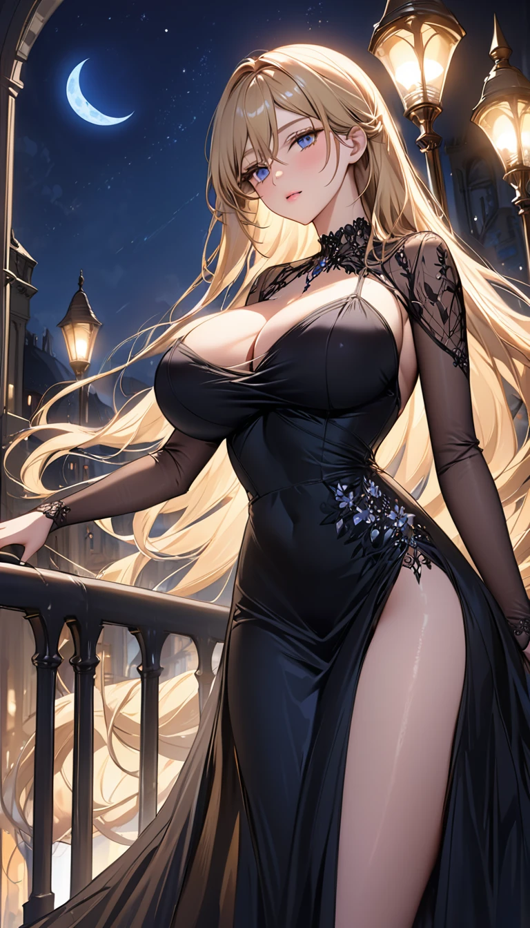 masterpiece:1.4,best-quality,Super Detail,Very Delicate and Beautiful, beautiful kind lady, blonde long hair, very gigantic breasts, very slender, perfect face, black dress, at night