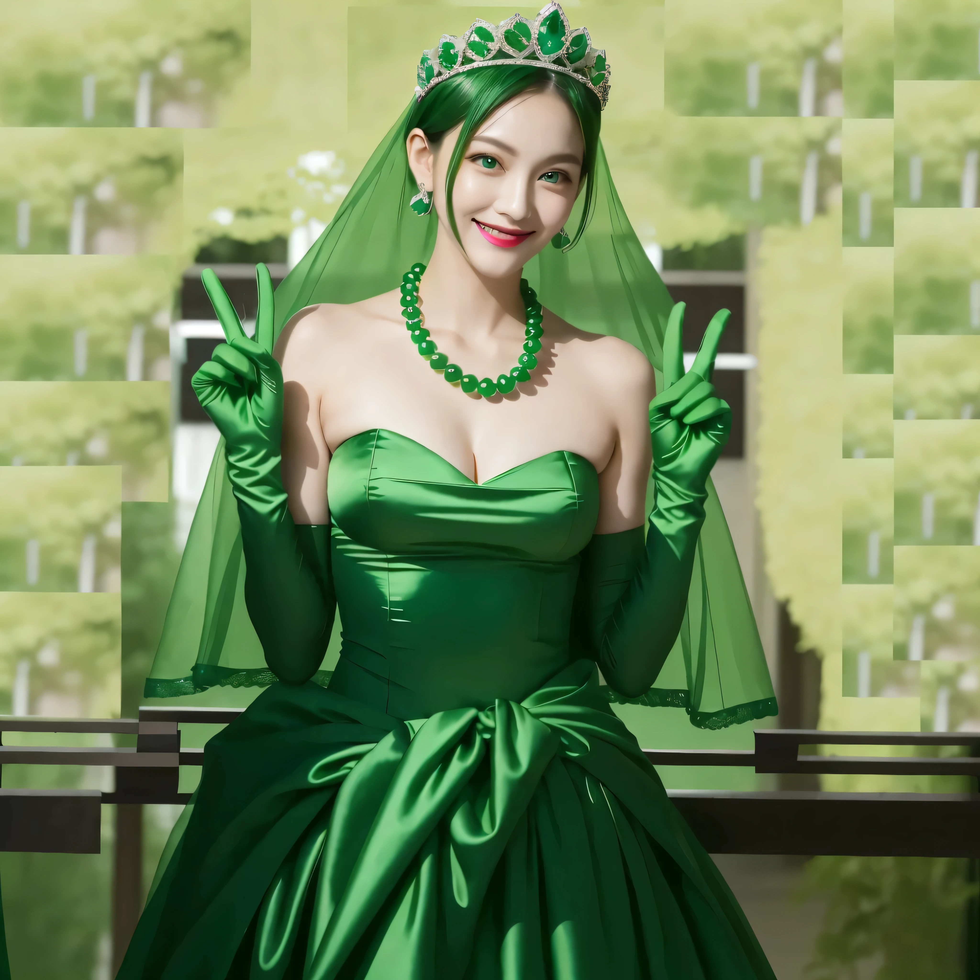 Emerald tiara, Green Pearl Necklace, Boyish Very Short Green Hair, Green Lips, Smiling Japanese woman, Very short hair, Busty beautiful lady, Green Eyes, Green satin gloves, Green Eyes, emerald earrings, Green veil, Heart with both hands, Green Hair, Beautiful Japanese Women, Heart shaped hands:1.3, green lip gloss