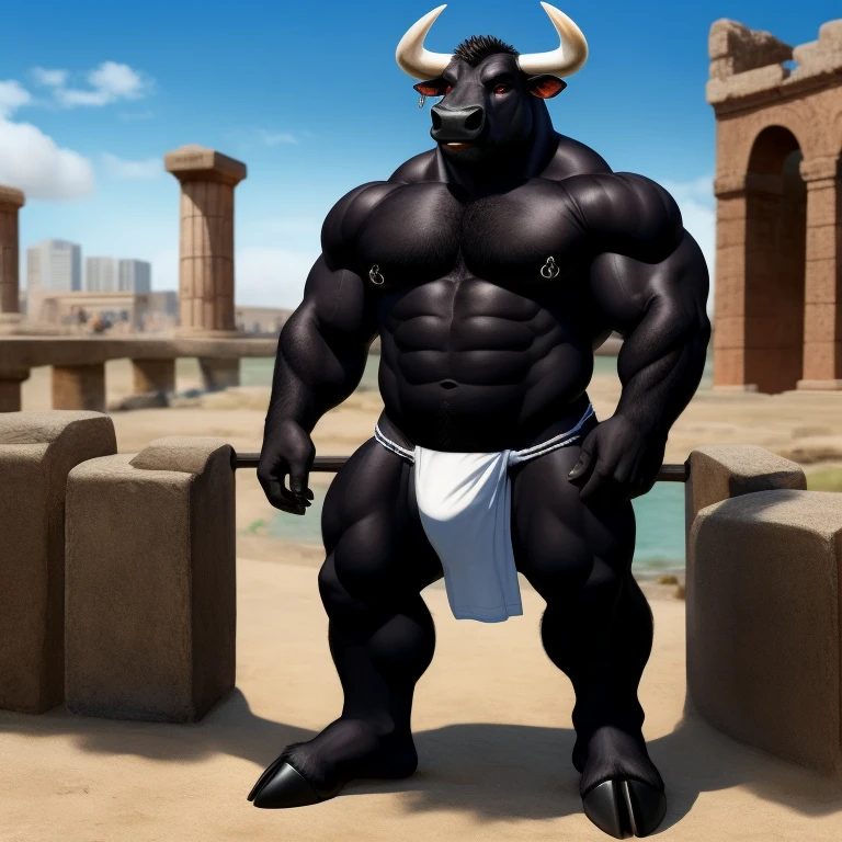 Furry Negro, Antro, Black Dark BullL , (Delgado sin musculos) Bull, Tight Fundoshi, Hooves, (Furry Black Dark), Solo, (Cuerpo Completo), Toro, Tail Bull, (Tail bovine), Tight (fundoshi white), bulto macho, Big Balls , (Fondo ciudad Romana, Ropa Romana) , (Fundoshi Ajustado Blanco), Detallado, Gran Calidad, Realista, Furr Black, (Red Eyes), Realista, Torso Nergro, (Cuerpo perfecto proporcional) Pose de Pie Erguido, Cuerpo Completo, Hooves, Cielo Azul, Piercing (Piercing Tabique Nasal), Nose,