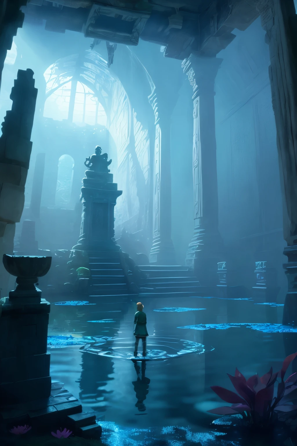 Link, ruined temple, standing in water