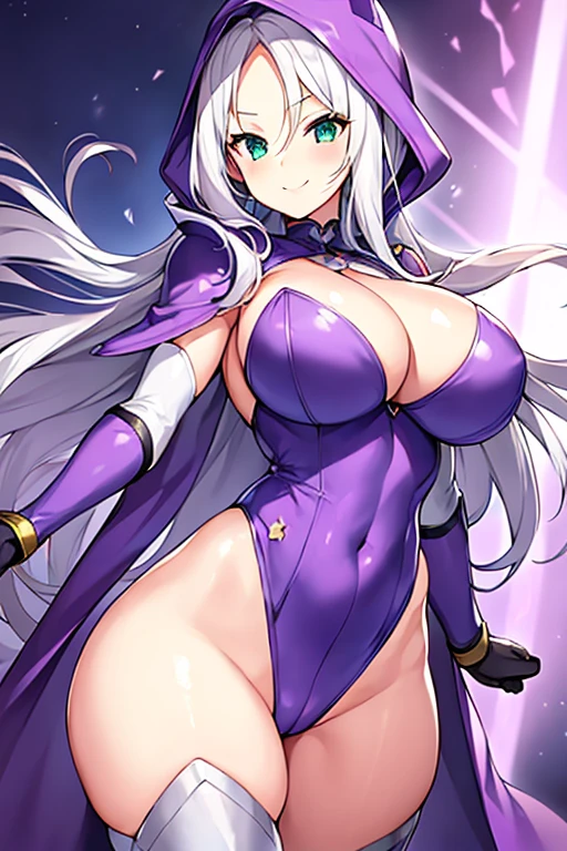 1girl, white hair, purple cape, purple hood, hood up, leotard, long hair, breasts, large breasts, hourglass figure, thick thighs, wide hips, smile, green eyes, purple leotard, thighhighs, purple thighhighs, mature female, cleavage cutout, cleavage, ((shoulder pads)), shoulder pads, shoulder armor, gloves, forehead, ((forehead))