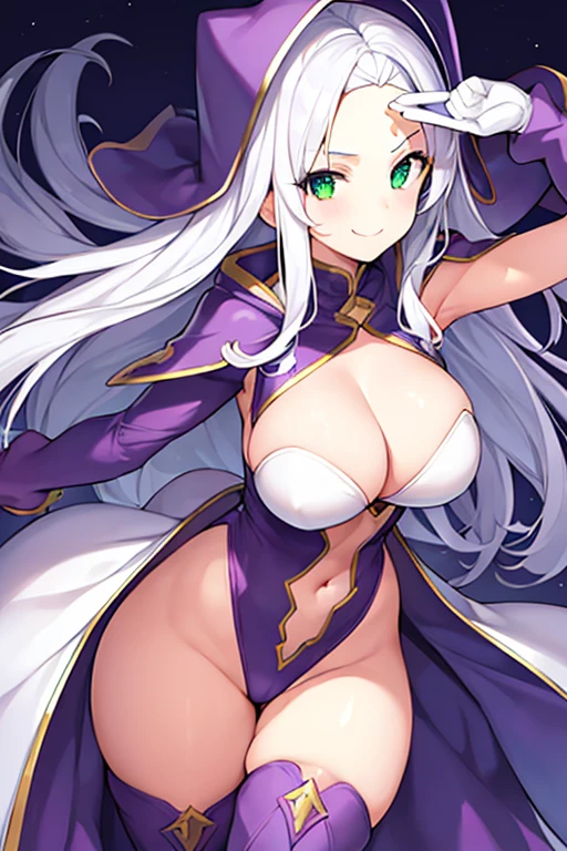 1girl, white hair, purple cape, purple hood, hood up, leotard, long hair, breasts, large breasts, hourglass figure, thick thighs, wide hips, smile, green eyes, purple leotard, thighhighs, purple thighhighs, mature female, cleavage cutout, cleavage, ((shoulder pads)), shoulder pads, shoulder armor, gloves, forehead, ((forehead))