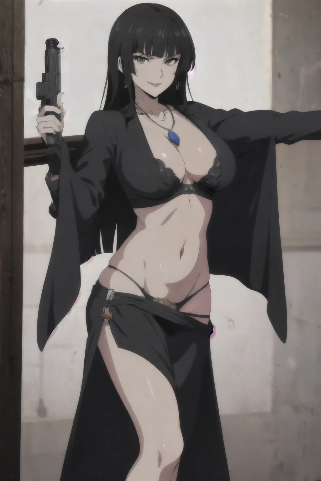 Glass, mature, large breast,  black hair, long hair,  masterpiece, best quality, ((unbuttoned , cleavage, necklace, earrings, sexy body,
breasts)) , micro skirt, smiling, navel , exposed belly, exposed navel,(nsfw) not safe for work,school,
classroom , holding a gun, hold a gun,lipstick,open arms sideway, arms T-pose, smirk, standing, anime girl T posing
