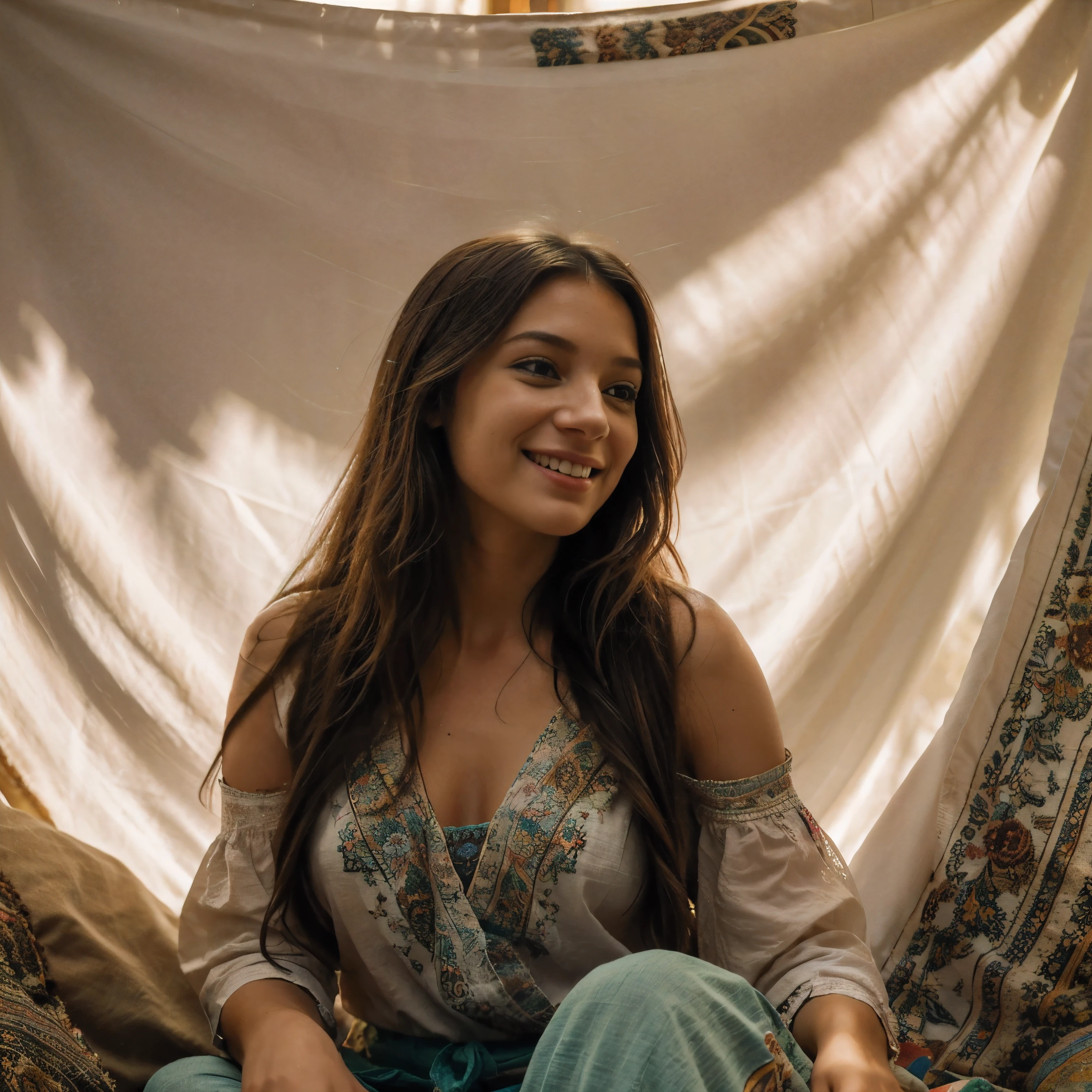segurando uma coroa de flores, Surrounded by colorful bohemian tapestries. She has long flowing hair and is smiling warmly. A cena se passa em um prado iluminado pelo sol com grama alta e flores silvestres. The woman is barefoot and her clothes are loose and flowing, reflecting the carefree spirit of the hippie era. The colors of the image are vibrant and saturated, with a warm and ethereal color tone. The lighting is soft and diffused, casting a soft glow over the woman and surroundings. The image is of the highest quality, with exquisite details on the woman's features, Her flowing hair, and the intricate patterns on the tapestries. The overall style of the work is reminiscent of the bohemian aesthetic of the 70s, Capturing the Spirit of Peace, , e amor.