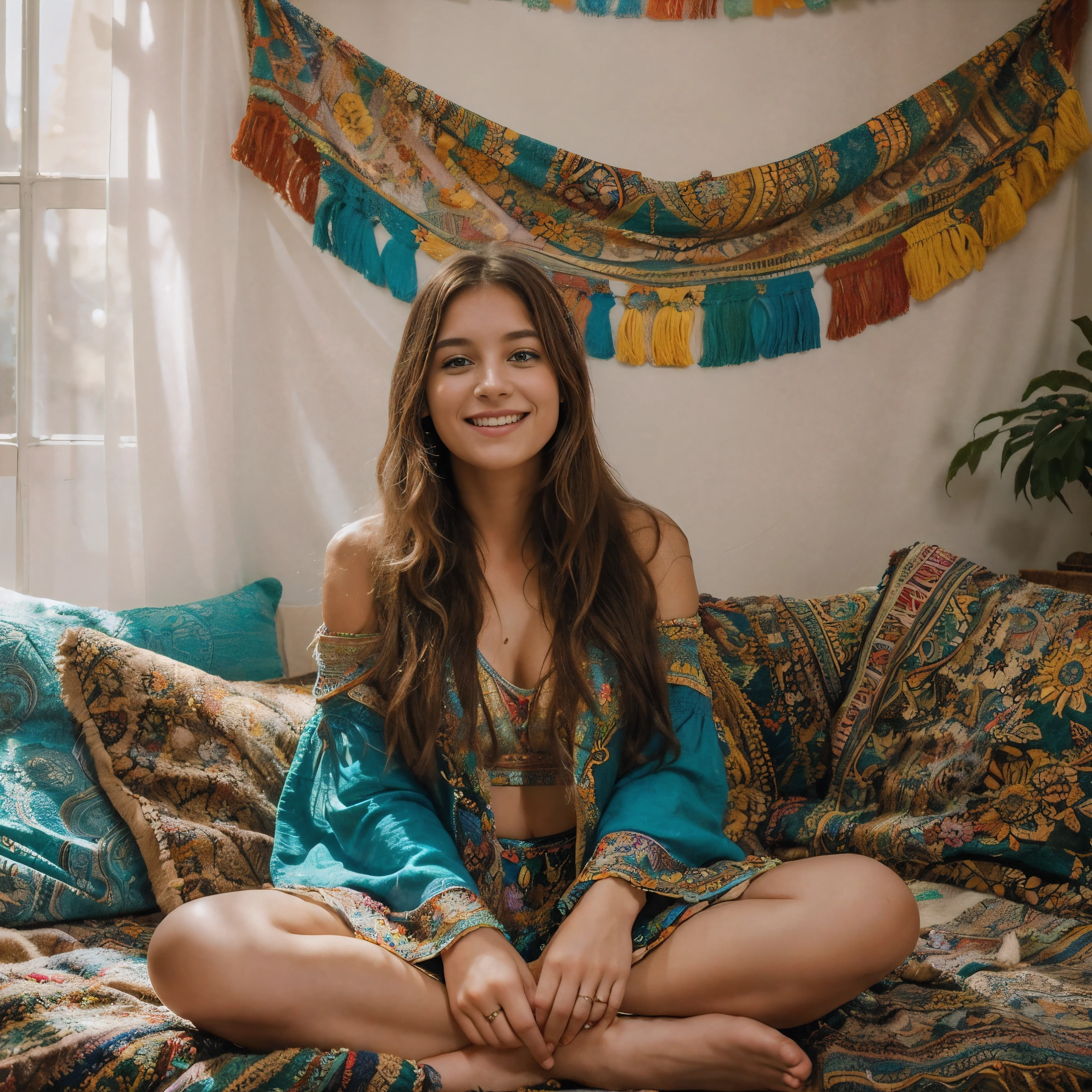 segurando uma coroa de flores, Surrounded by colorful bohemian tapestries. She has long flowing hair and is smiling warmly. A cena se passa em um prado iluminado pelo sol com grama alta e flores silvestres. The woman is barefoot and her clothes are loose and flowing, reflecting the carefree spirit of the hippie era. The colors of the image are vibrant and saturated, with a warm and ethereal color tone. The lighting is soft and diffused, casting a soft glow over the woman and surroundings. The image is of the highest quality, with exquisite details on the woman's features, Her flowing hair, and the intricate patterns on the tapestries. The overall style of the work is reminiscent of the bohemian aesthetic of the 70s, Capturing the Spirit of Peace, , e amor.