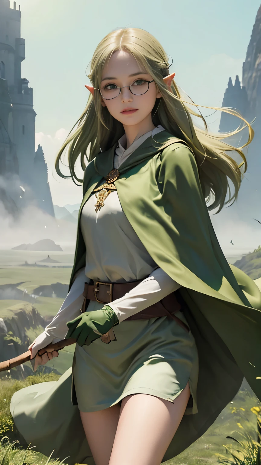 (((((girl))))), masterpiece, Super detailed, 8K Portrait, RAW Photos, female portrait photography, whole body, Highly detailed smile, ((Fantasy)), (((The Hobbit))), ((19 years old,))160cm, (((Alchemist))), ((White skin)), (((Olive colored long straight hair))), Blunt bangs, (((Green silk long cloak))) Fluttering in the wind, (High school green uniform:1.5), Leather gloves, (((Glasses))), (((Equip a long stick))), Midday Sun, Ultra-realistic, Slender body, Near the Castle of Fog, Ambient Lighting, Shadow Details, Camera focus on face, Strong winds, Light fog
