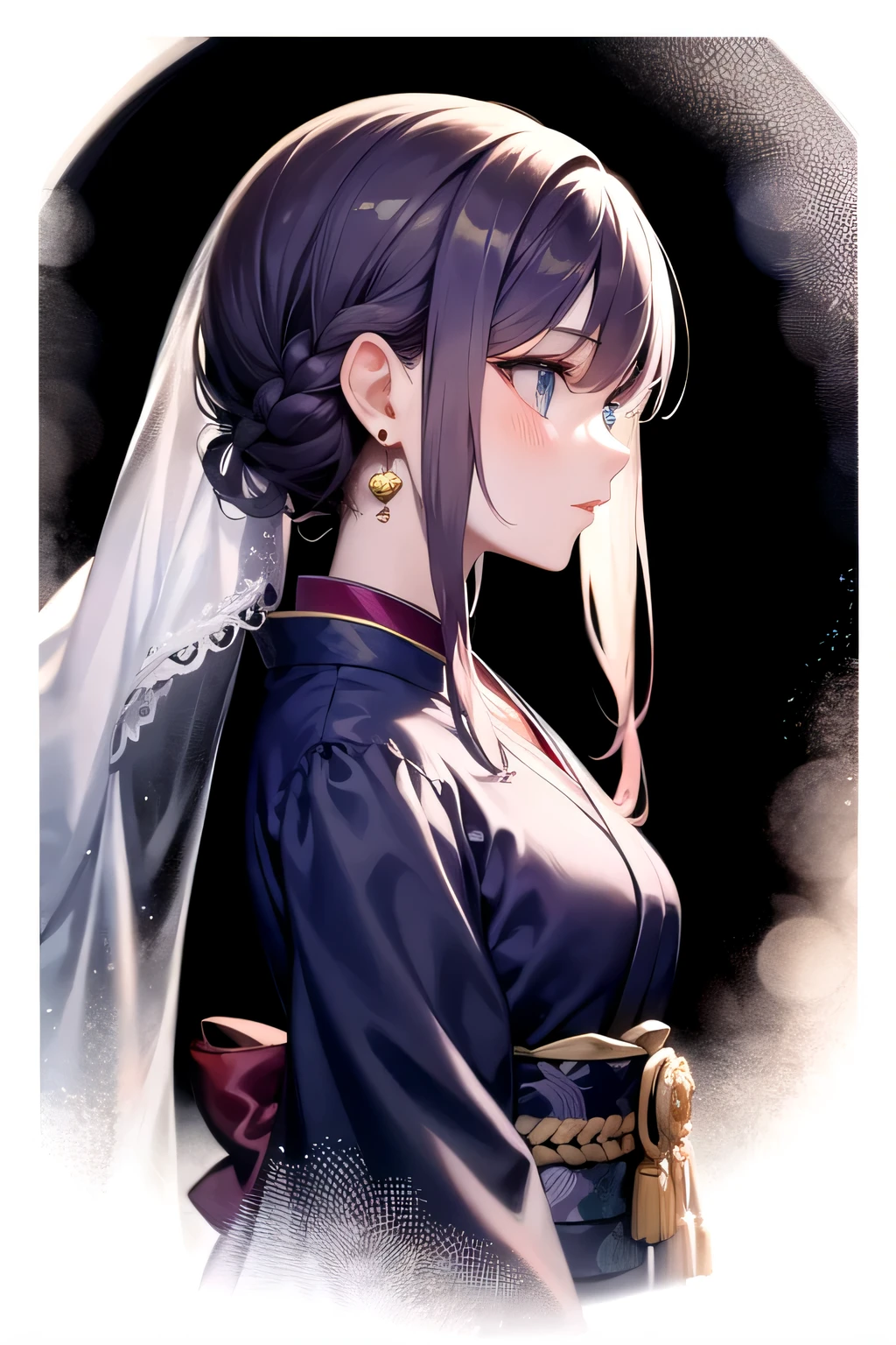(masterpiece:1.2), highest quality,pixiv,Colorful portrait, One girl, alone, jewelry, Earrings, Long Hair, Braiding, profile, Upper Body, bangs, blue eyes, Veil, kimono, Long sleeve, kimono, pale purple hair, Black background, single Braiding, blush, See-through,18-year-old,Rose