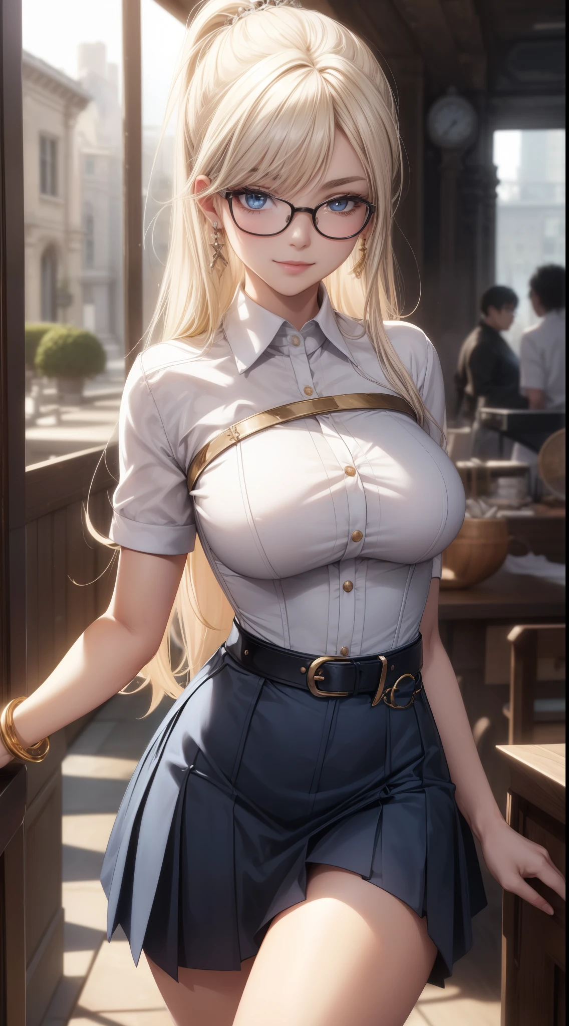 8k, Tabletop, RAW Photos, highest quality, Realistic, Highly detailed CG Unity 8k wallpaper, Depth of written boundary, Cinematic Light, Lens flare, Ray Tracing, (Very beautiful face, Beautiful Lips, Beautiful Eyes), Intricately detailed face, ((Highly detailed skin)) One Girl, In the Dark, Deep Shadow, Cute Korean Girl, K-Pop Idols, 1 girl, (Very slim and slender fit muscular body:1.3), ((View your viewers)),(Big smile:1.3), (blurred background),(No people in the background:1.3), Beautiful earrings, bracelet, Clear Eyes, walking, (Pale skin), (Big eyes), Look forward, (Golden bristles), (full body shot), , ((Blue high waist skirt)), , (View your viewers:1.3) Open chest, Very slim, Medium chest, focusing, In front of eyebrows, Thick thighs((White shirt:1.3)), (Double-breasted,Underbust:1.2), Short sleeve, Button Gap,Frameless Glasses,Corset belt,Beautiful ponytail,Blonde,
