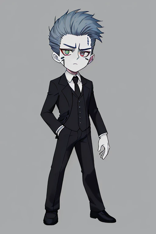 ,Frankenstein's monster in a suit,,full body,gray background,chibi,Landscape,upright,Lower your hands,Well-built,５Head to Body,Scars on the face,Muscular,White of the eyes,tall,