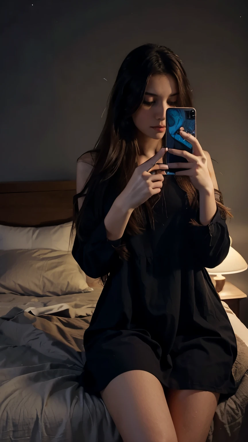 woman in bedroom,beautiful,Bewitching,mysterious,tired,long hair,,The woman is scrolling her smartphone and focus on smart phone, wearing night dress