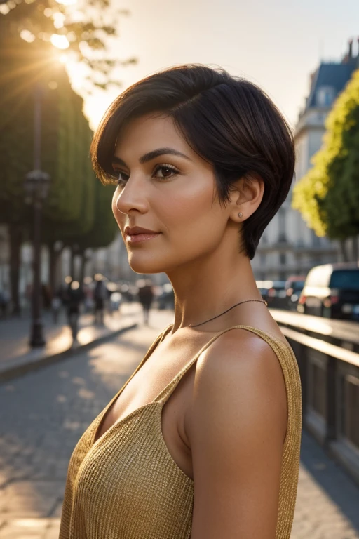 A photorealistic image of a 50-year-old woman with a fashionable short haircut, luxurious dark hair and captivating brown eyes, filming a photo shoot for a Parisian brand. Her expression should be natural and inviting, illuminated by the soft, warm light of the golden hour. The shooting location is a picturesque outdoor landscape, such as a sun-drenched park or beach. Take a high-resolution picture using an 85mm lens to get an attractive angle.