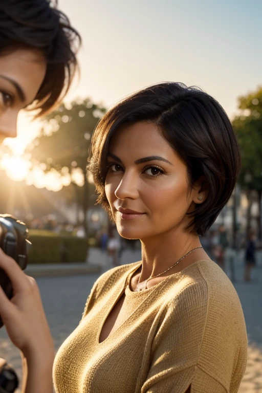 A photorealistic image of a 50-year-old woman with a fashionable short haircut, luxurious dark hair and captivating brown eyes, filming a photo shoot for a Parisian brand. Her expression should be natural and inviting, illuminated by the soft, warm light of the golden hour. The shooting location is a picturesque outdoor landscape, such as a sun-drenched park or beach. Take a high-resolution picture using an 85mm lens to get an attractive angle.