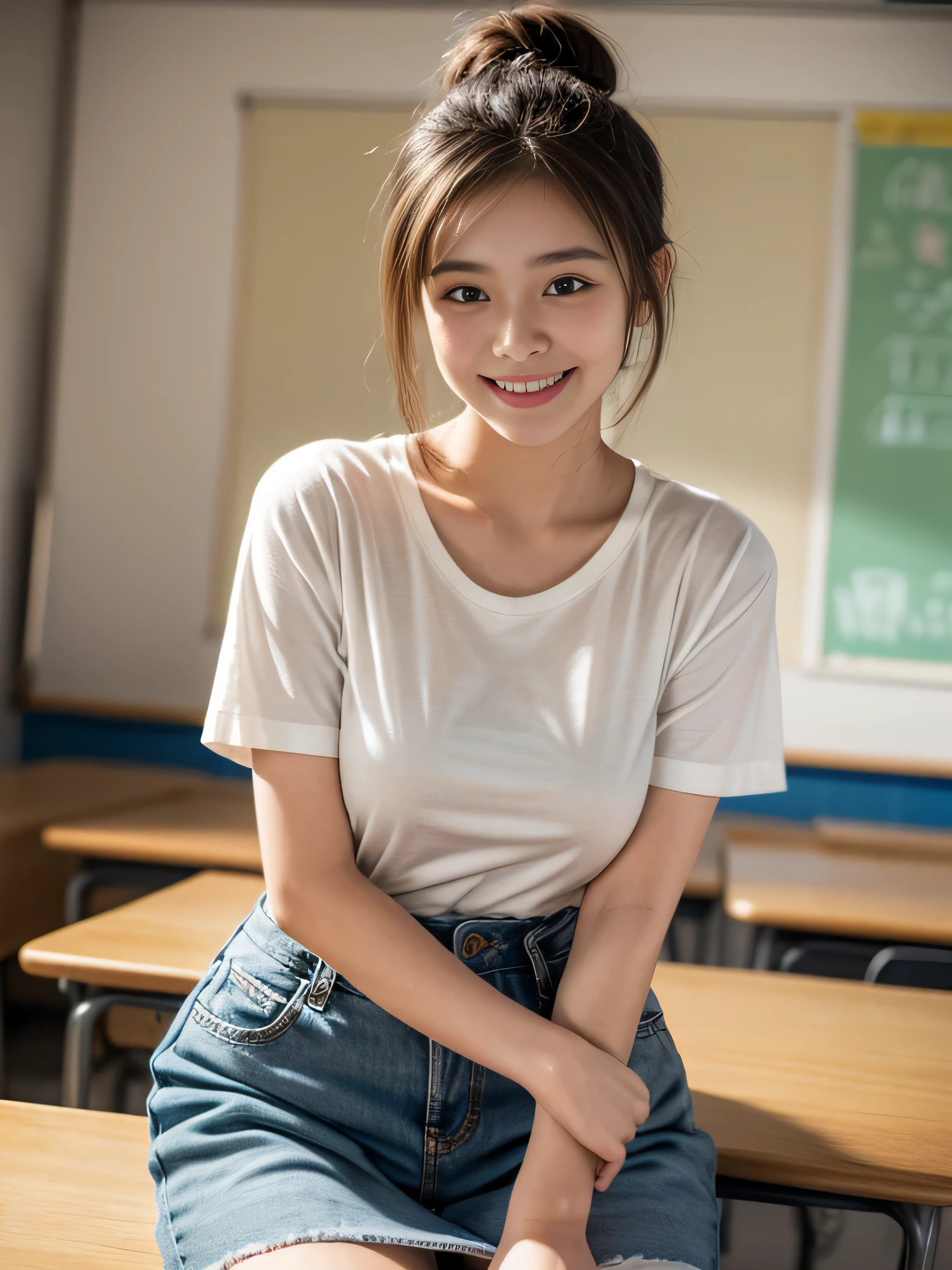 12 years old child, hair up, super big hair up, white body tight t-shirt, body tight shirt, (smile:1.2), background classroom, (photorealistic:1.2), (ultra realistic:1.3), (very detailed:1.1), ((masterpiece)), big round breast, full Japanese student school uniform