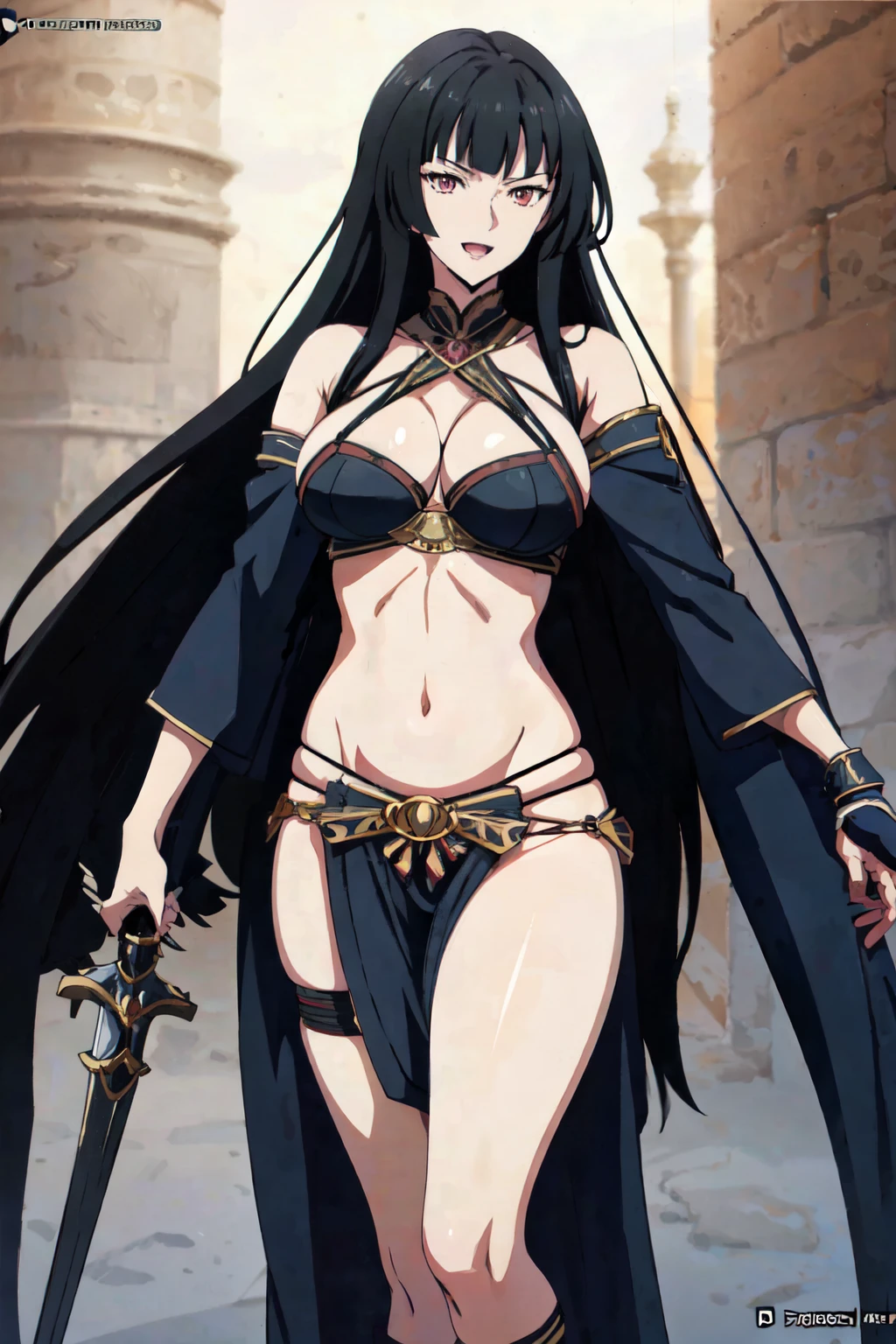 Glass, mature, large breast, black hair, long hair, masterpiece, best quality, highly detailed, fantasy , a anime girls in armored dress holding a sword
posing for a picture, evil smile, smile, open mouth, breastplate with open cleavage, cleavage, warrior
outfit, ecchi anime style, anime girls, ecchi style, (nsfw) not safe for work, ecchi, digital anime art!!, in
anime style, official artwork, visual novel cg, beautiful anime girl, anime style 4 k , loincloth, exposed
belly, exposed navel, exposed midriff, exposed lower belly, pencil skirt armored, castle,inside castle
