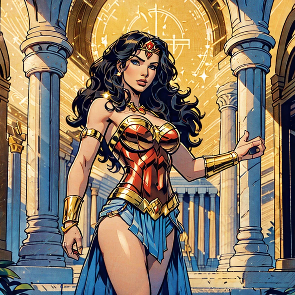 Draw a beautiful white woman, she is wearing a red greek armor with a golden bird symbol on her chest, she has a golden tiara with a red star, she wears platinum bracelets on her arms, she has a long black hair, she has beautiful eyes, her face is pretty, there is a greek temple behind her, very beutiful, ultra resolution, 4k, 8k, masterpiece, high detailed, american comic book style