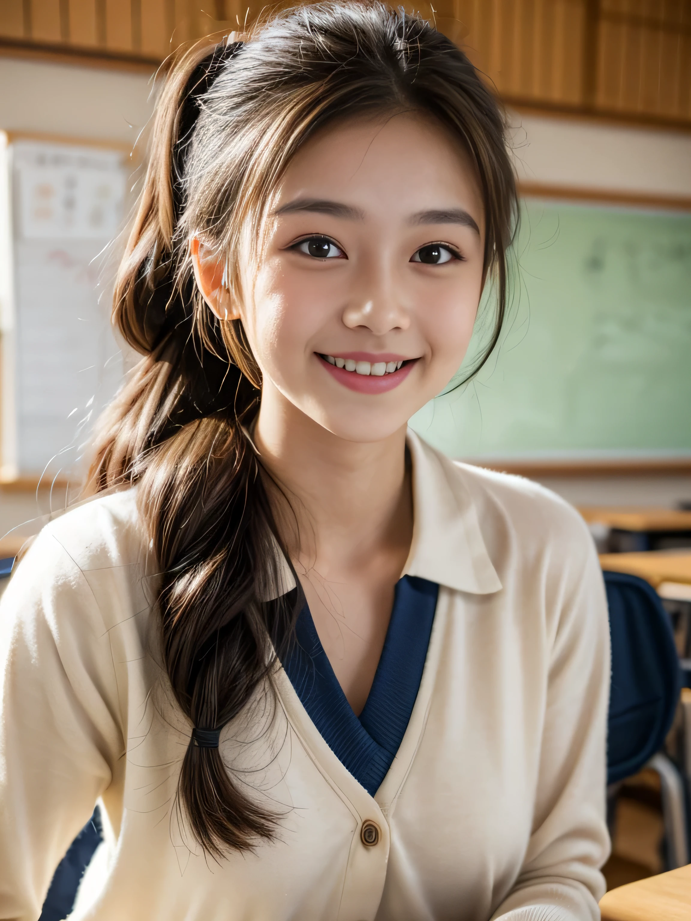 masterpiece,best quality,(Japanese schoolgirl),((Beautiful girl))(18yo),cleavage,((schoolroom)),the expression imagining what feels good:1.2,(perfect body beauty:1.2),((perfect body)),(shy smile),beautiful teeth,