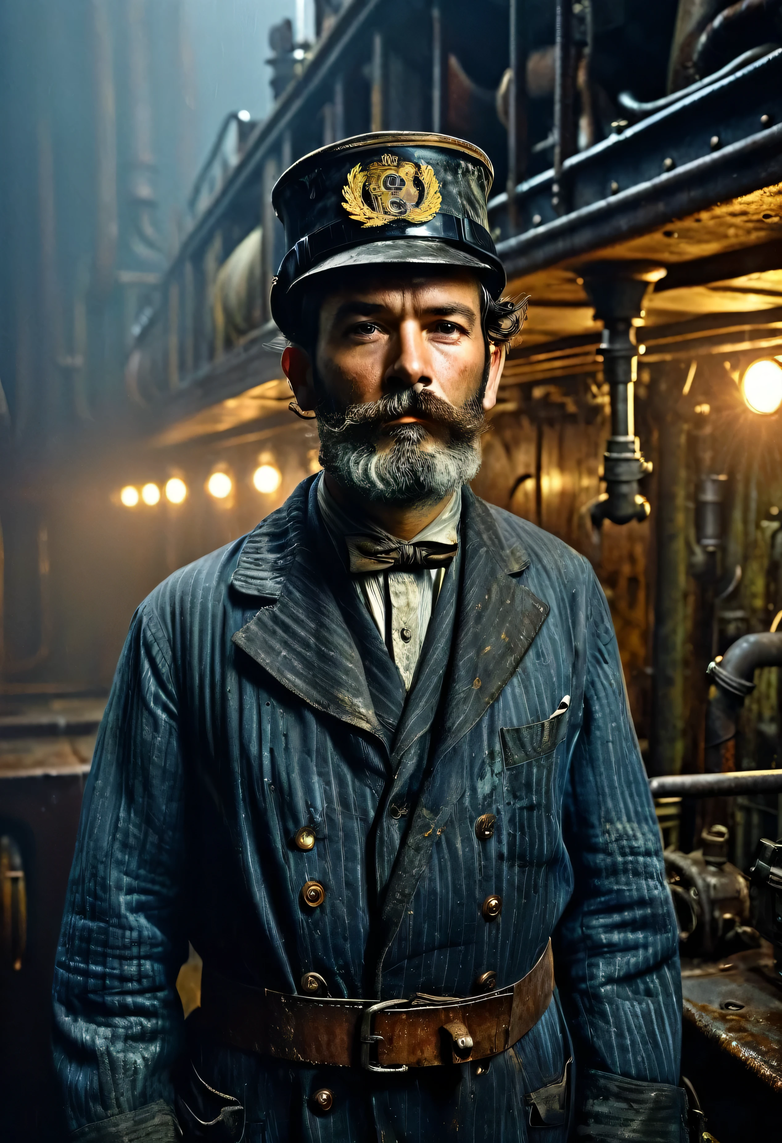 (((Portrait of early 20th century English engine room worker on an ocean liner))), grease, and soot-stained rugged face, photorealistic details, ((complex engine room machinery background)), pistons, and pipes, harsh lighting, ((a blue-collar laborer in overalls)), realismCinematic render of gritty maritime engine room interior, dark tones with dramatic light and shadow, front view of grizzled ship's stoker in filthy oil-stained clothing, face creased with strain and grime from back-breaking labor, photorealism, 1910s industrial setting solemn gloomy atmosphere, intricate period clothing and architectural details, cinematic compositionPhotorealistic render, RMS Titanic moored at Southampton docks before maiden voyage, 1912, upper crust ladies in ornate hats and fur stoles with gentlemen in evening tailcoats and top hats, atmospheric fog and dim lighting from dockside lamps, people carrying luggage, excited yet somber mood, incredible detail