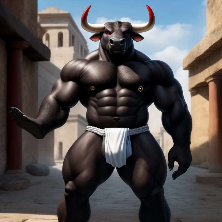 Furry Negro, Antro, Black Dark BullL , (Delgado sin musculos) Bull, Tight Fundoshi, Hooves, (Furry Black Dark), Solo, (Cuerpo Completo), Toro, (TAIL), Tail Bull, (Tail bovine), Tight (fundoshi white), bulto macho, Big Balls , (Fondo ciudad Romana, Ropa Romana) , (Fundoshi Ajustado Blanco), Detallado, Gran Calidad, Realista, Furr Black, (Red Eyes), Realista, Torso Nergro, (Cuerpo perfecto proporcional) Pose de Pie Erguido, Cuerpo Completo, Hooves, Cielo Azul, Piercing ,(Piercing Tabique Nasal), Nose,